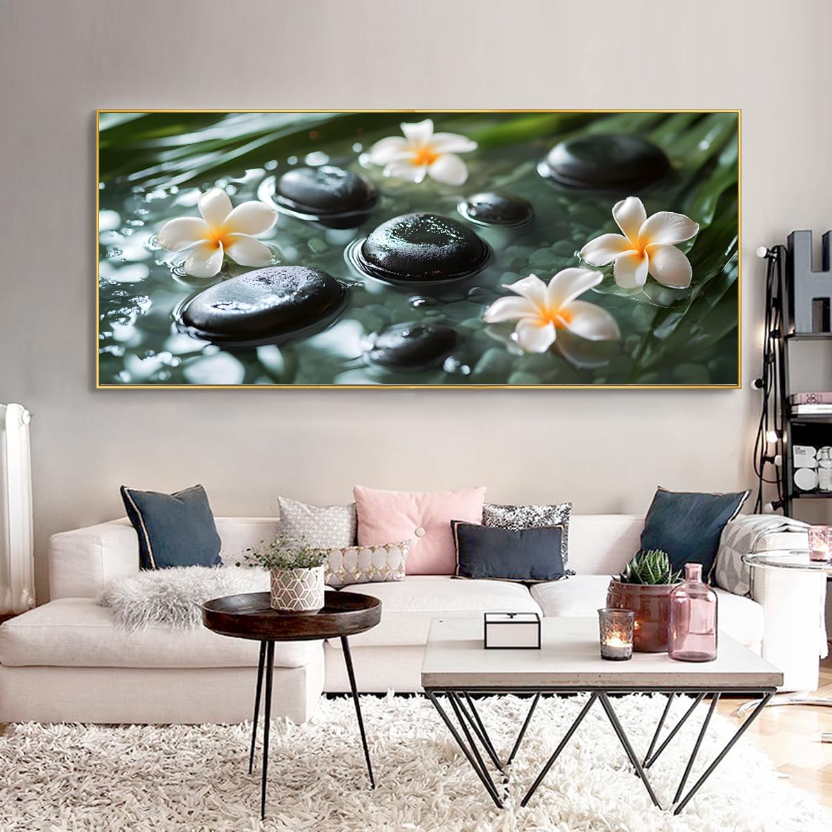 Via Vela Zen kamienie i kwiaty płótno sztuka ścienna nowoczesny styl spa grafika wydruki relaks natura mural do salonu sypialnia wystrój biura 40x101cm ze złotą ramką