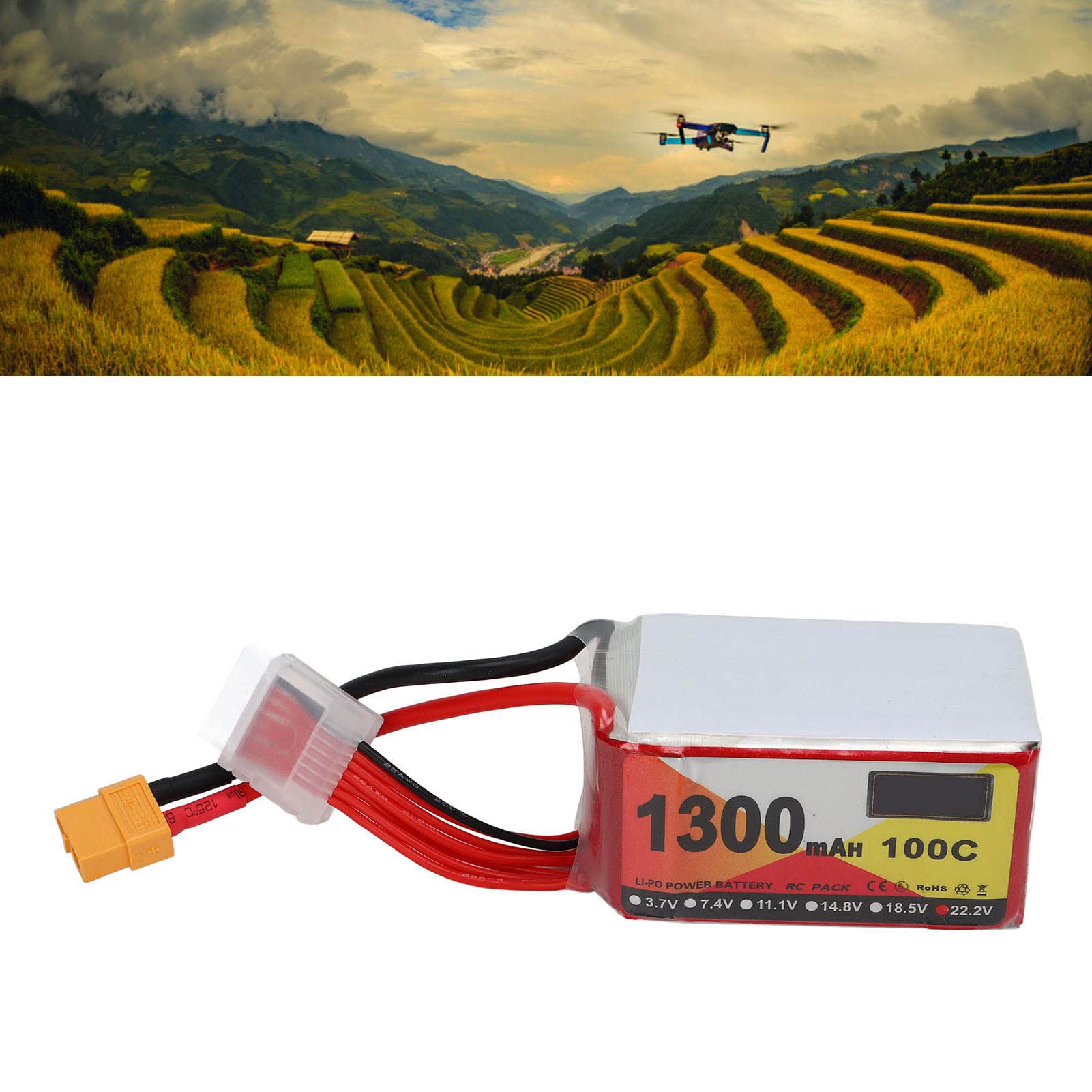 Batteria RC Lipo 22.2V 100C 1300mAh 6S Potente Batteria Al Litio per Quadricottero da Corsa FPV, Spina XT60