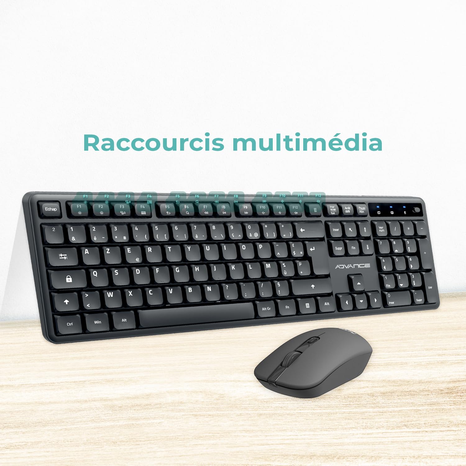 AD ADVANCE - SilentKeys, Pack Clavier Souris sans Fil Silencieux pour PC et Mac, Clavier AZERTY 105 Touches, 12 Raccourcis Multimédias, Hauteur Réglable, Souris 1600 DPI, Dongle USB, Noir