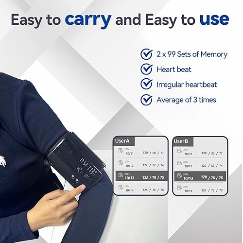 Vista 2 de Monitor de presión arterial inalámbrico con Bluetooth para la parte superior del brazo, monitor de presión arterial recargable portátil ultraligero