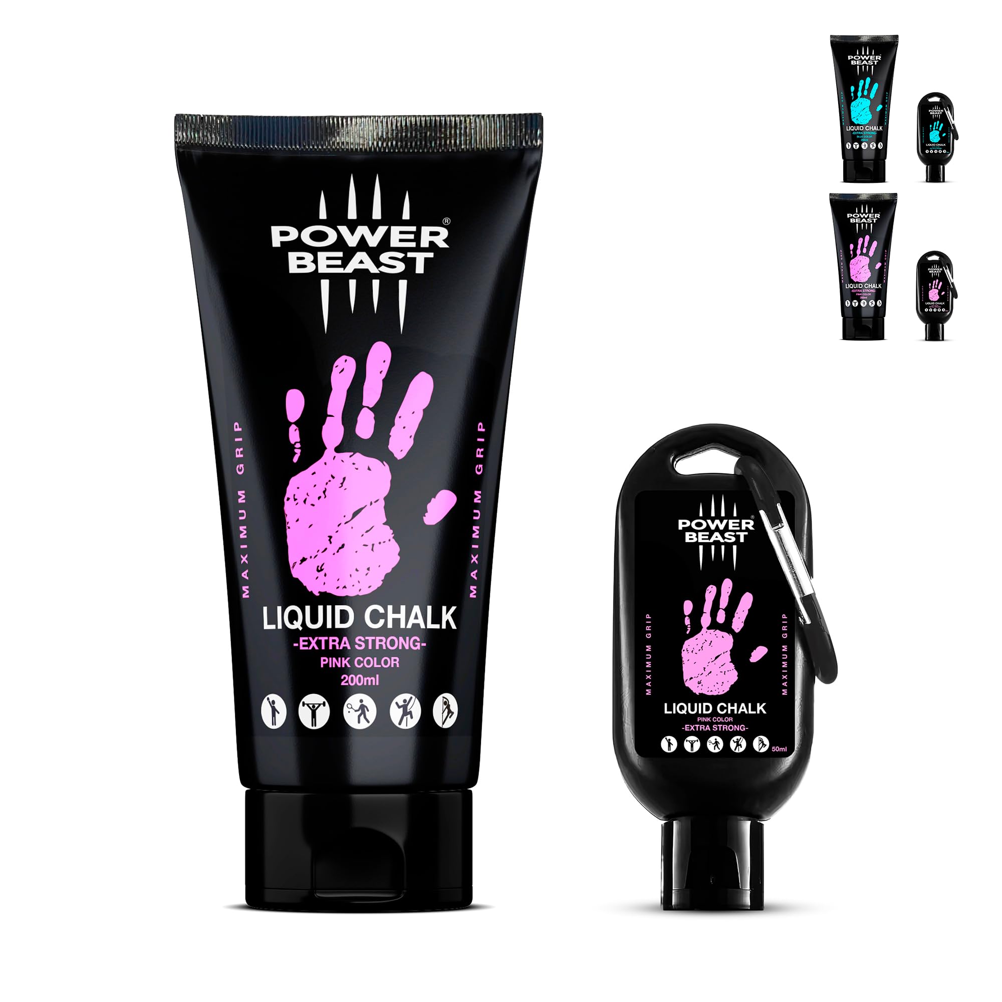 POWER BEAST Colored Liquid Chalk, 2 Bottles Combo of 250 + 50 ML, Liquid Sport Chalk, Free Professional Hand Grip for Gym, Weightlifting, Rock Climbing, Crossfit, Powerlifting, Pole Dance.
