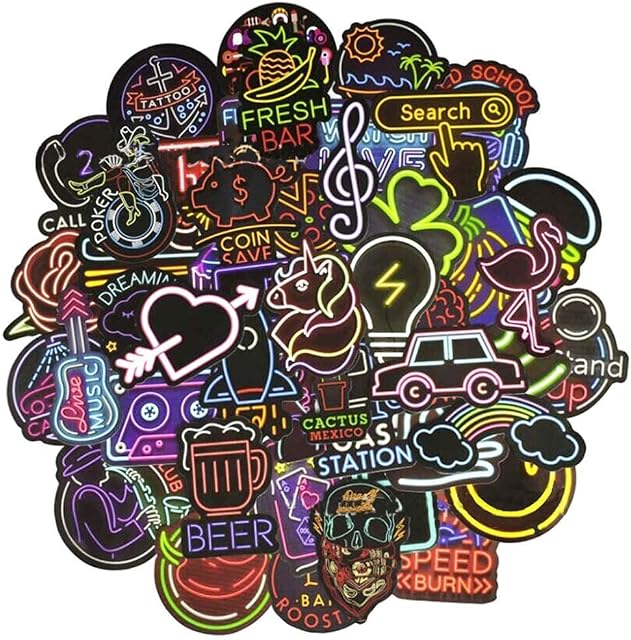 JustYit 100 PCS Vinyl Stickers Cool Color Graffiti Sticker Flash Stickers PVC Decals Vintage Retro Pop Art Graffiti Super Stickers for Laptop Snowboard Luggage Suitcase Bumper Stickers (Neon Series)