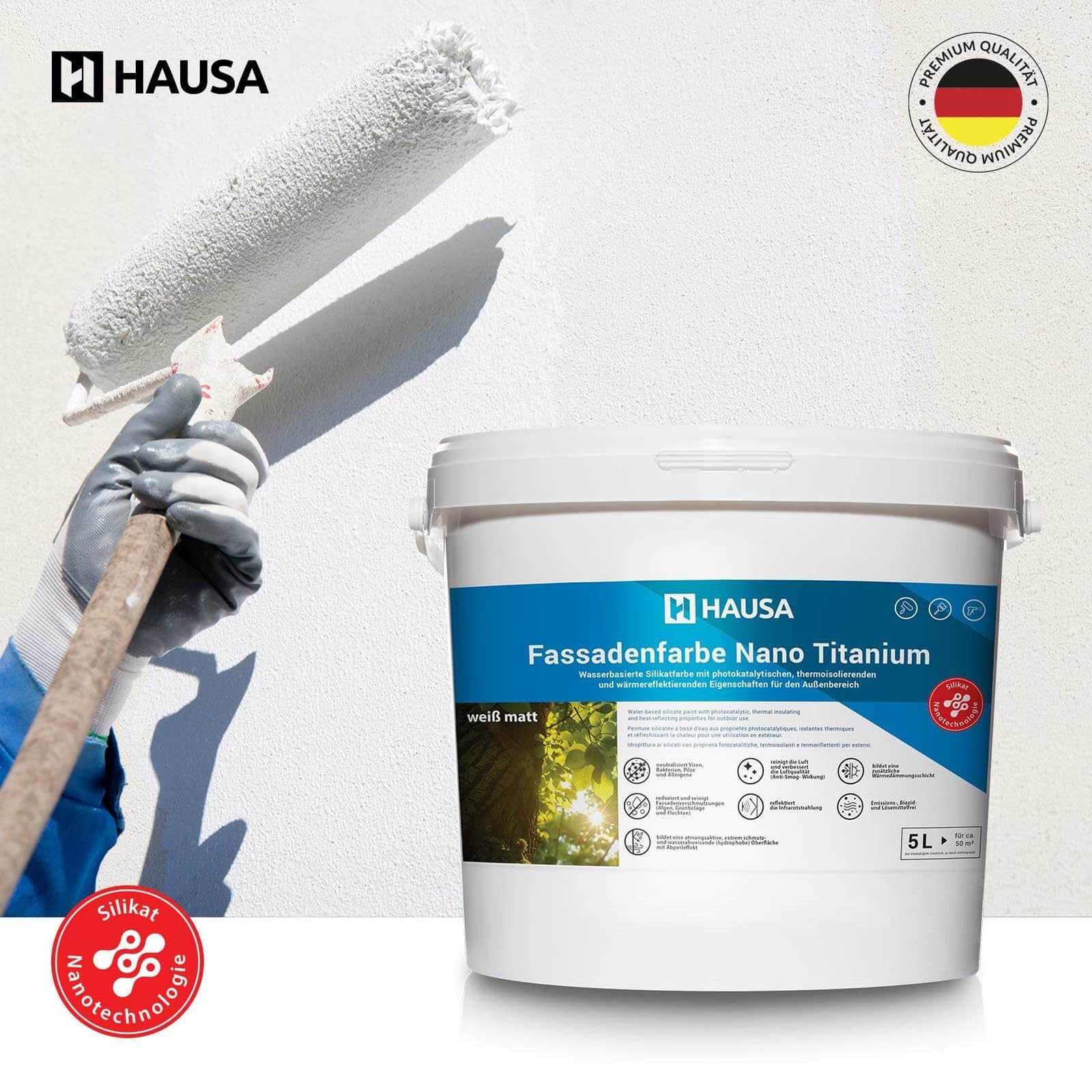 HAUSA Fassadenfarbe Nano Titanium 5L weiß matt Wandfarbe für Außen mit Abperleffekt, extrem wetterbeständig, energiesparend thermoisolierend, reinigt die Luft (Anti-Smog Wirkung) algenresistent