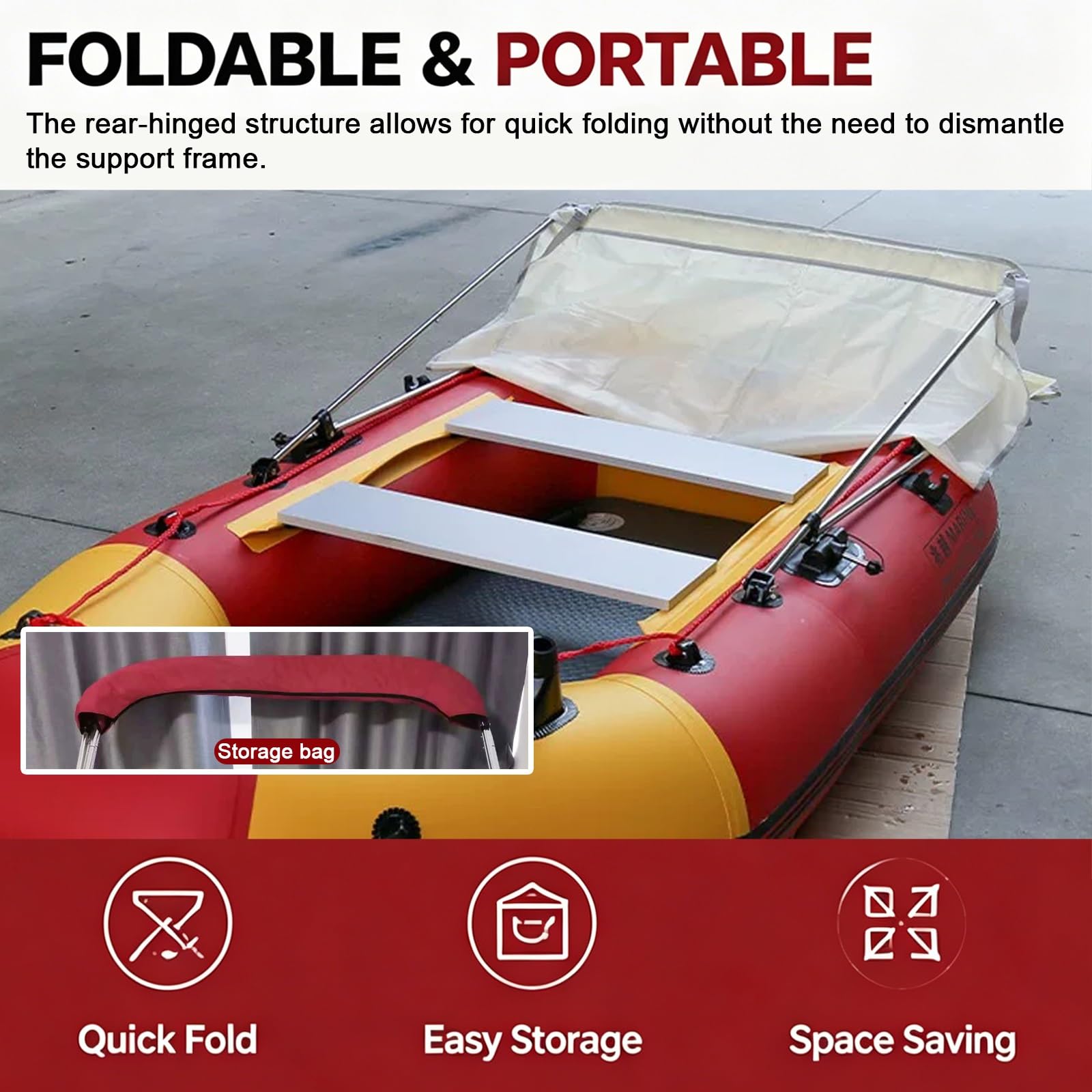 Tendalino per Barca, Tendalino per Gommone con Struttura in Alluminio, 2 Archi, Tessuto Oxford 600D, Custodia per Riporlo, per Barche di Larghezza 110-170 cm(Red,110-130cm/43x51in)