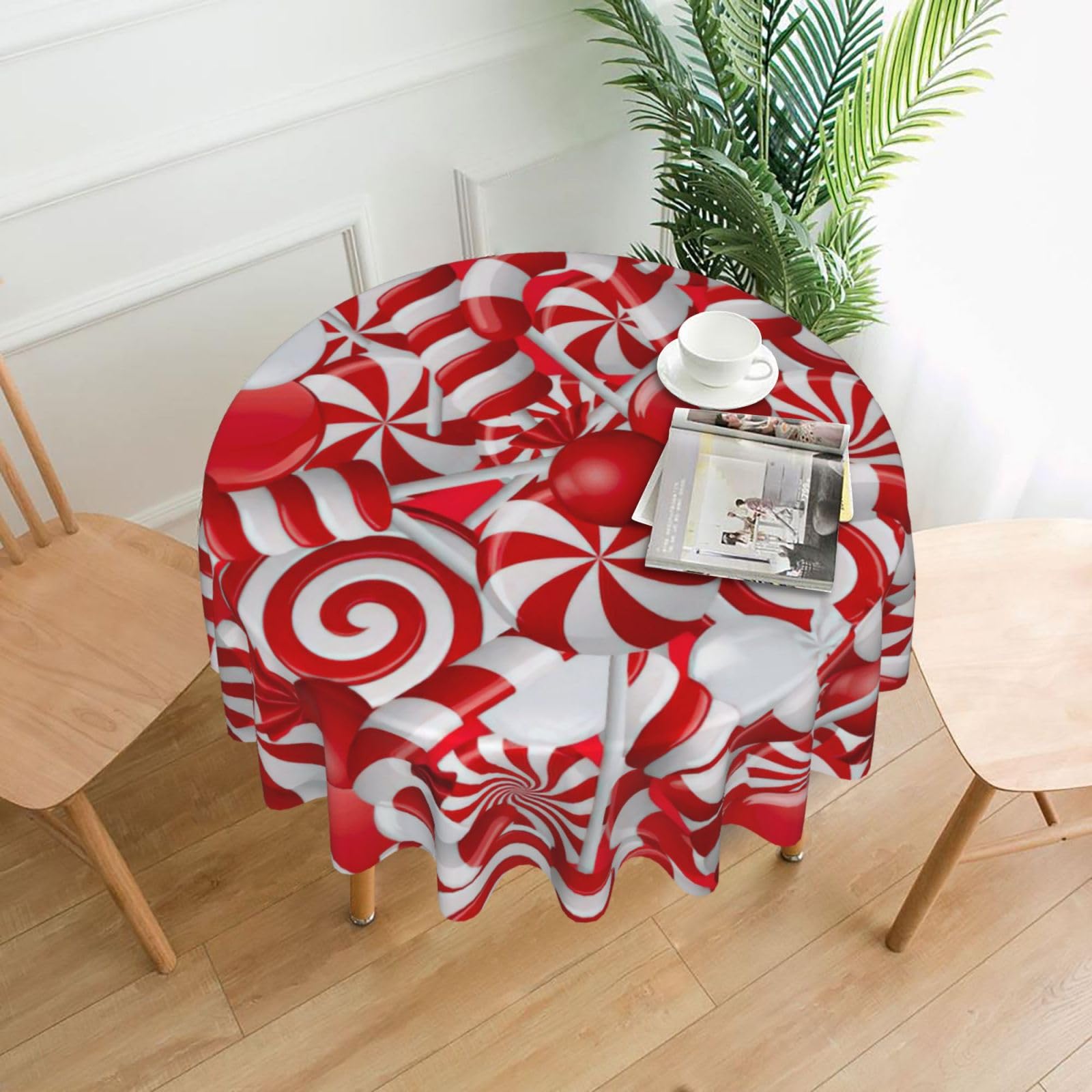 SDEGTHO Candy Canes Print Modern Retro Round Tablecloth 60in Polyester Fabric Cover for Party Dining Table Washable