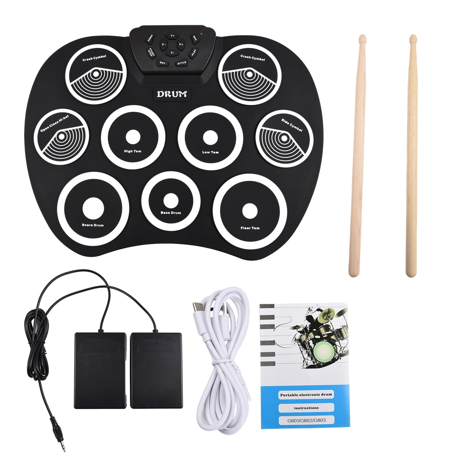 Batteria elettronica arrotolabile con 7 gruppi di tamburi, pad portatile per bambini, allenamento a casa o spettacoli sul palco, include pedali, bacchette