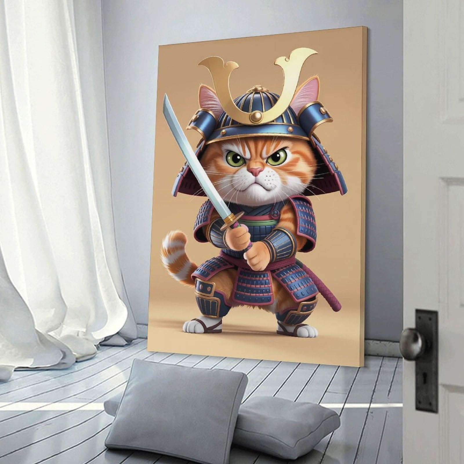 Junmoney Frame-Style-3 Home Decor Wall Art Samurai Cat Warrior, 20X30inch(50X75cm), For Bedroom Decor, Cosy Corners Or Studios, Decorative Wall Art For Cosy Rooms