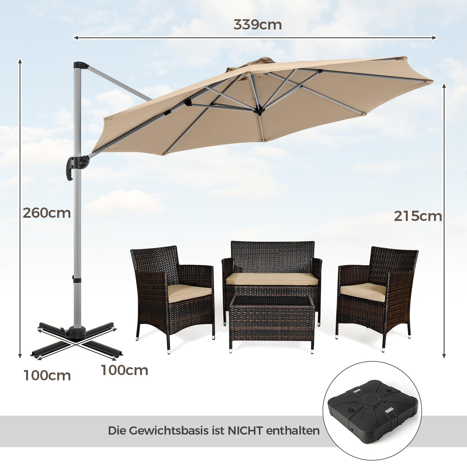 COSTWAY Parasol przeciwsłoneczny Ø 330 cm, z korbą, obracany o 360°, regulowany kąt nachylenia, UPF 50+, parasol ogrodowy, parasol tarasowy, do ogrodu, na taras, balkon, beżowy, 330 cm