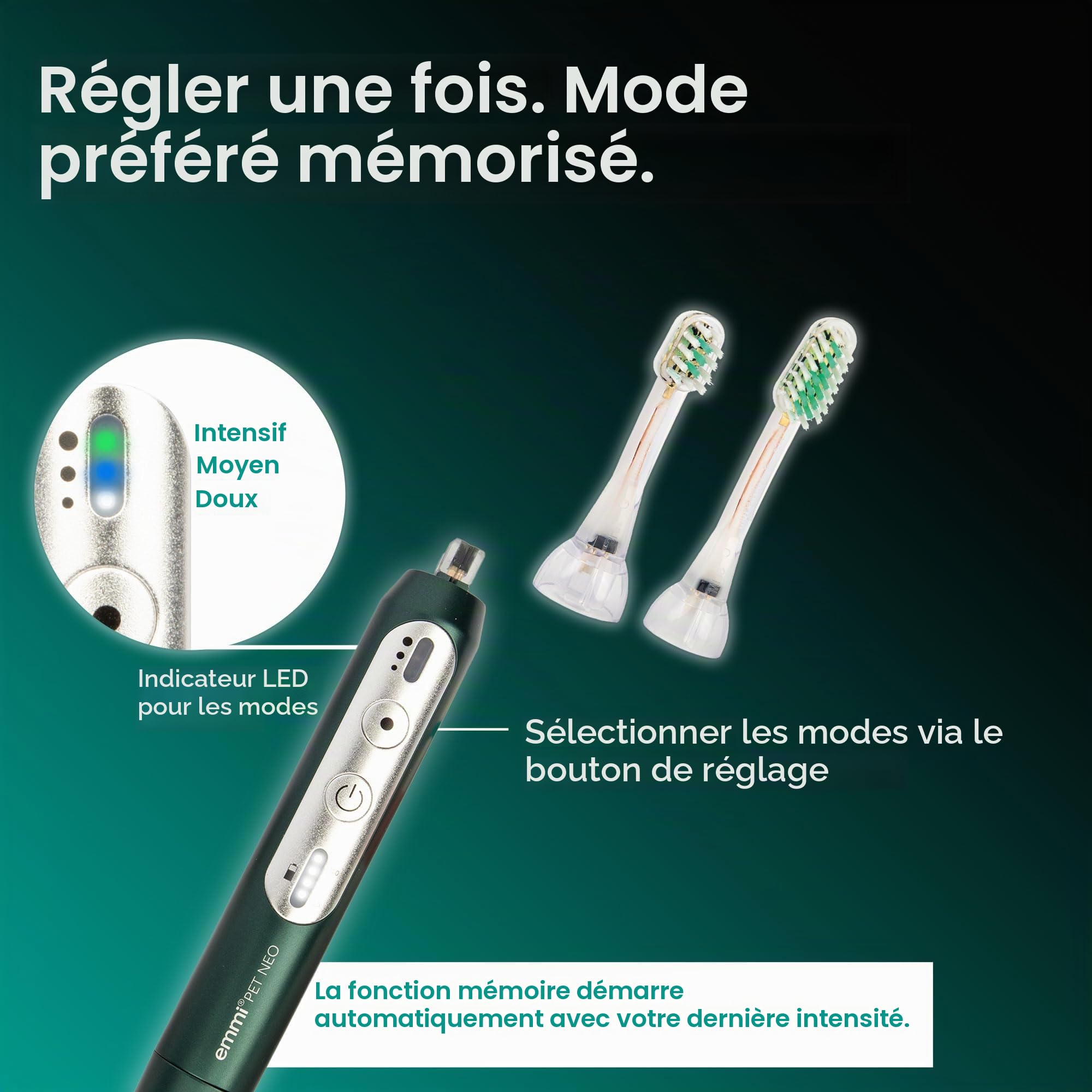 emmi-PET NEO Brosse à dents à ultrasons pour chien I Brosse à dents silencieuse avec 3 modes de nettoyage pour aider en cas de tartre et d'odeur de bouche I Soin dentaire sans frottement I Autonomie
