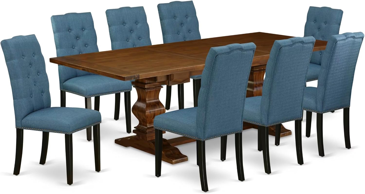 East West Furniture ALAEL9-81-21 9 Piece Kitchen Table Set Includes a Rectangle Dining Table with Removable Leaf and 8 Blue Linen Fabric Parson Dining Chairs, 42x92 Inch, Walnut