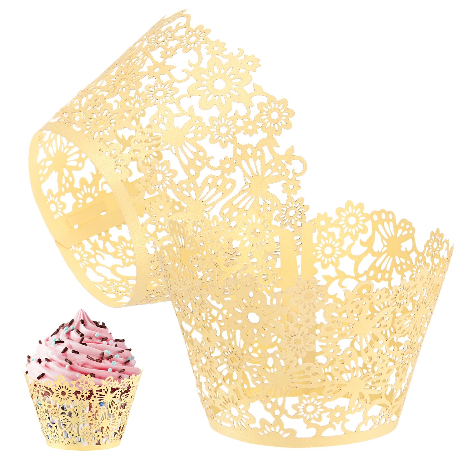 M METERXITY 50-Pack Cupcake Wrappers, Pearlescent Art Paper, Floral Lace Hollow Out Cupcake Liners for Wedding/Birthday Party Decoration, Bake Cake Paper[White Gold]