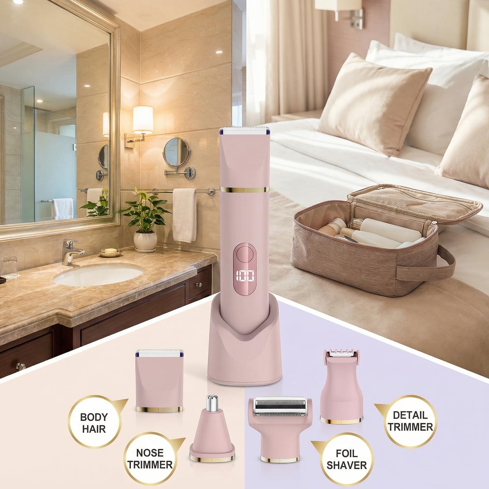 Épilateur Bikini 5-en-1 pour Femmes, Rasoir Électrique Corporel sans Fil Étanche IPX7, 5 Têtes Interchangeables pour Épilation Visage, Jambes et Zone Intime, Lame Céramique, Recharge USB (Rosa)