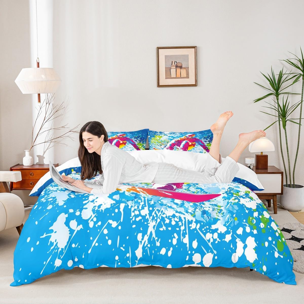 Ski Bedding Set Full Size Cartoon Skiing Skier Snowboard Duvet Cover Set 3Pcs Watercolor Tie Dye Graffiti Comforter Cover Kids Boys Girls Room Decor Winter Sports Games Quilt Cover,2 Pillowcases