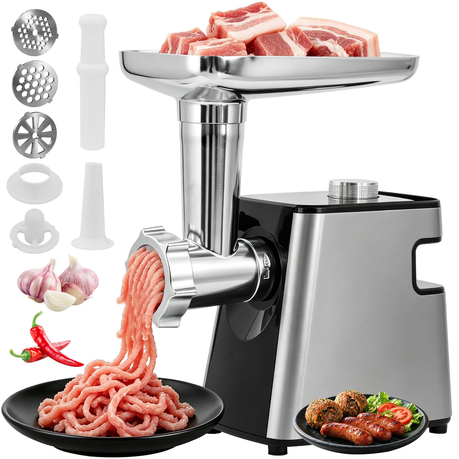 Electric Meat Grinder, 3-in-1 Meat Mincer with Reverse Function, Sausage Stuffer & Kibbeh Maker, 3 Stainless Steel Plates, Multifunctional Kitchen Mincer for Minced Meat & Sausages, Top Control Knob