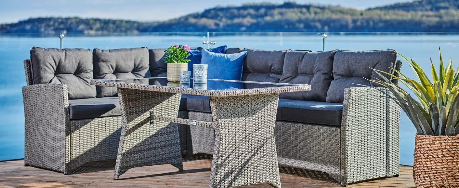 EVRE Milan Garden Furniture Set, 6 Seater PE Rattan Corner Garden Sofa