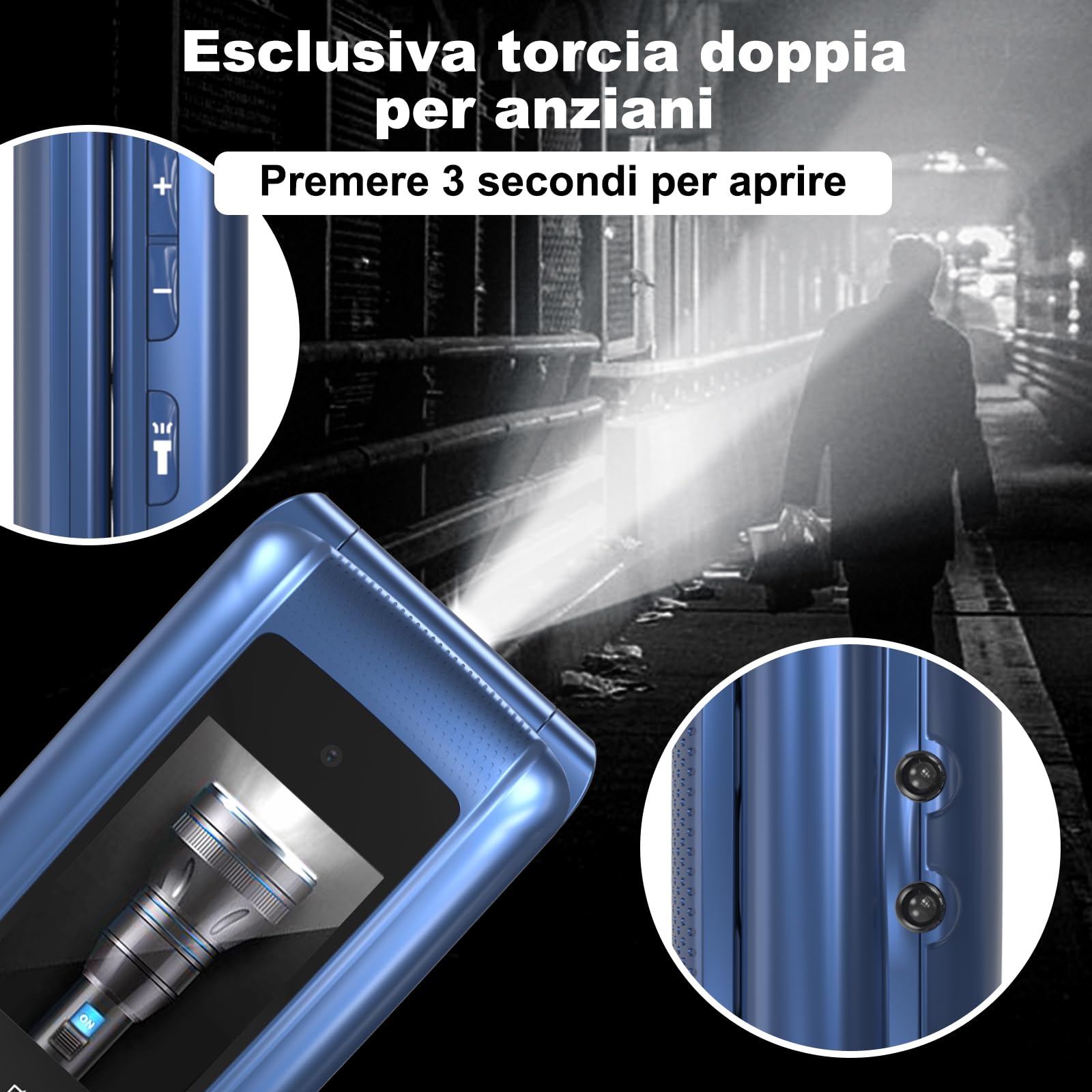 CHAKEYAKE 4G Telefono Cellulare per Anziani,Dual SIM, Flip Telefoni Cellulari con Tasti Grandi, Funzione SOS, Volume alto, 2.4"+1.77" Doppio Display, Torcia, Base (Blu)