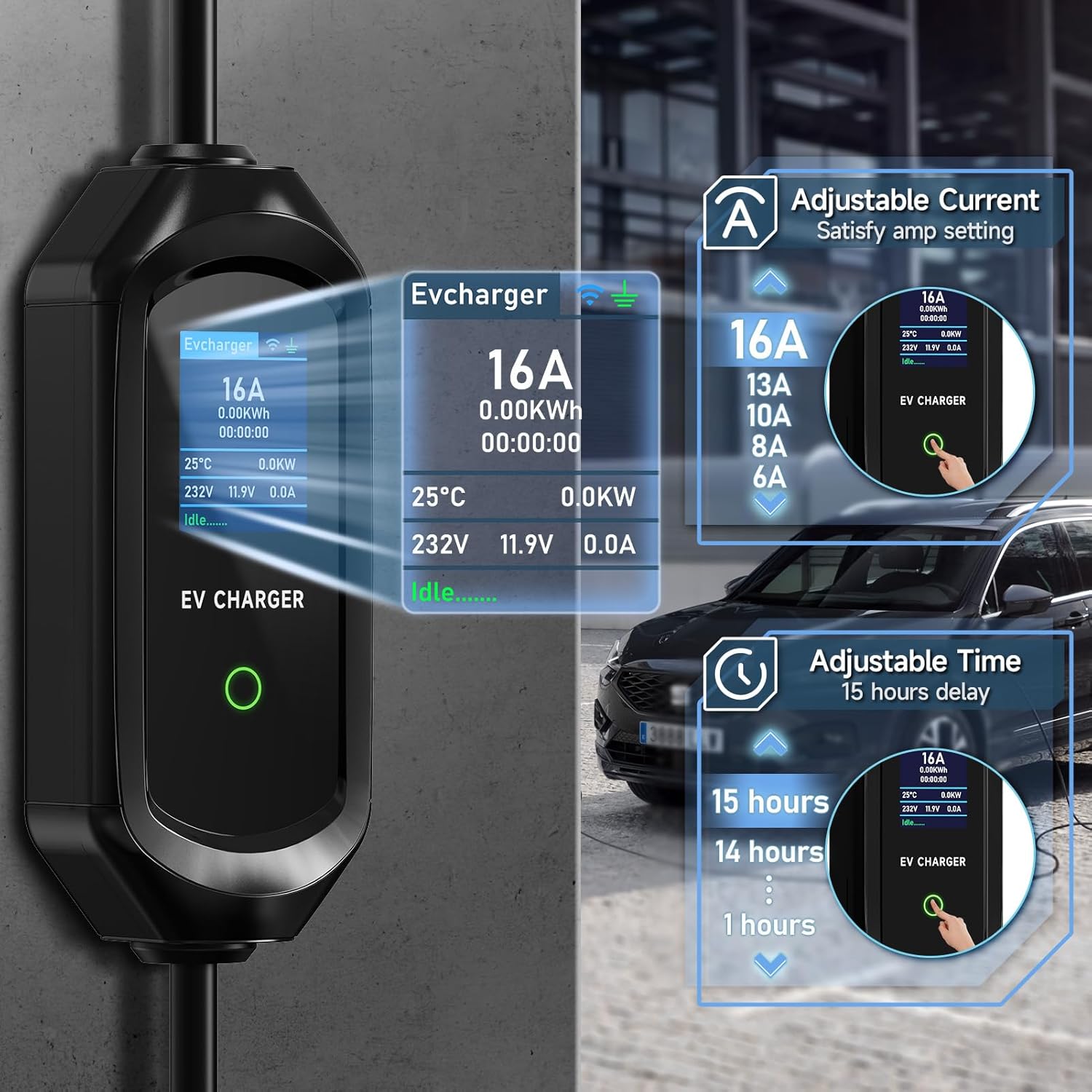 Level 1 EV Charger, Electric Vehicle Charger Level 1, 16Amp, 25ft Extension Cord & J1772 Cable, Portable EV Charger Level 1, NEMA 6-20 Plug, 5-15 Adapter