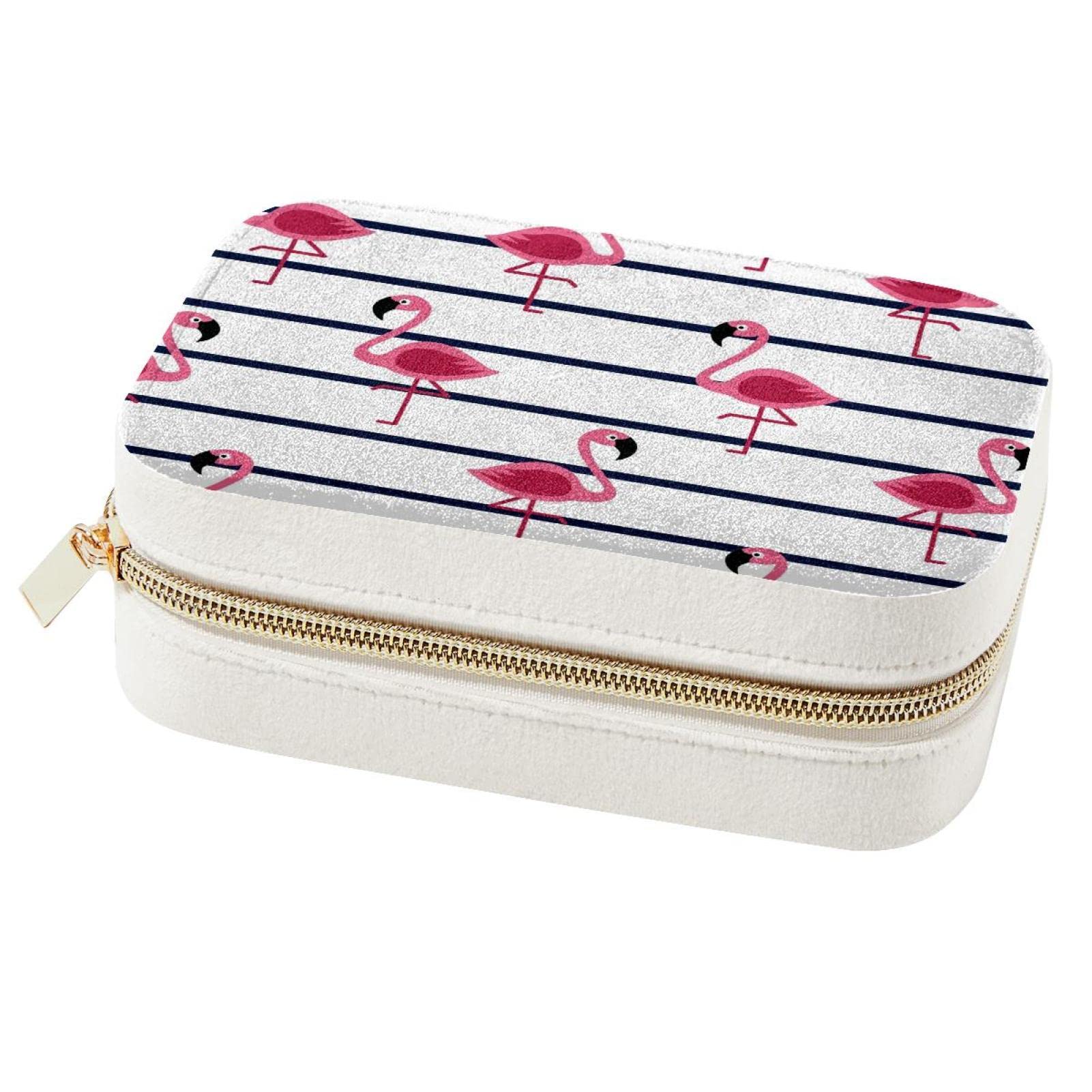 Boîte à bijoux de voyage flamant rose et rayures marines pour ranger vos bagues