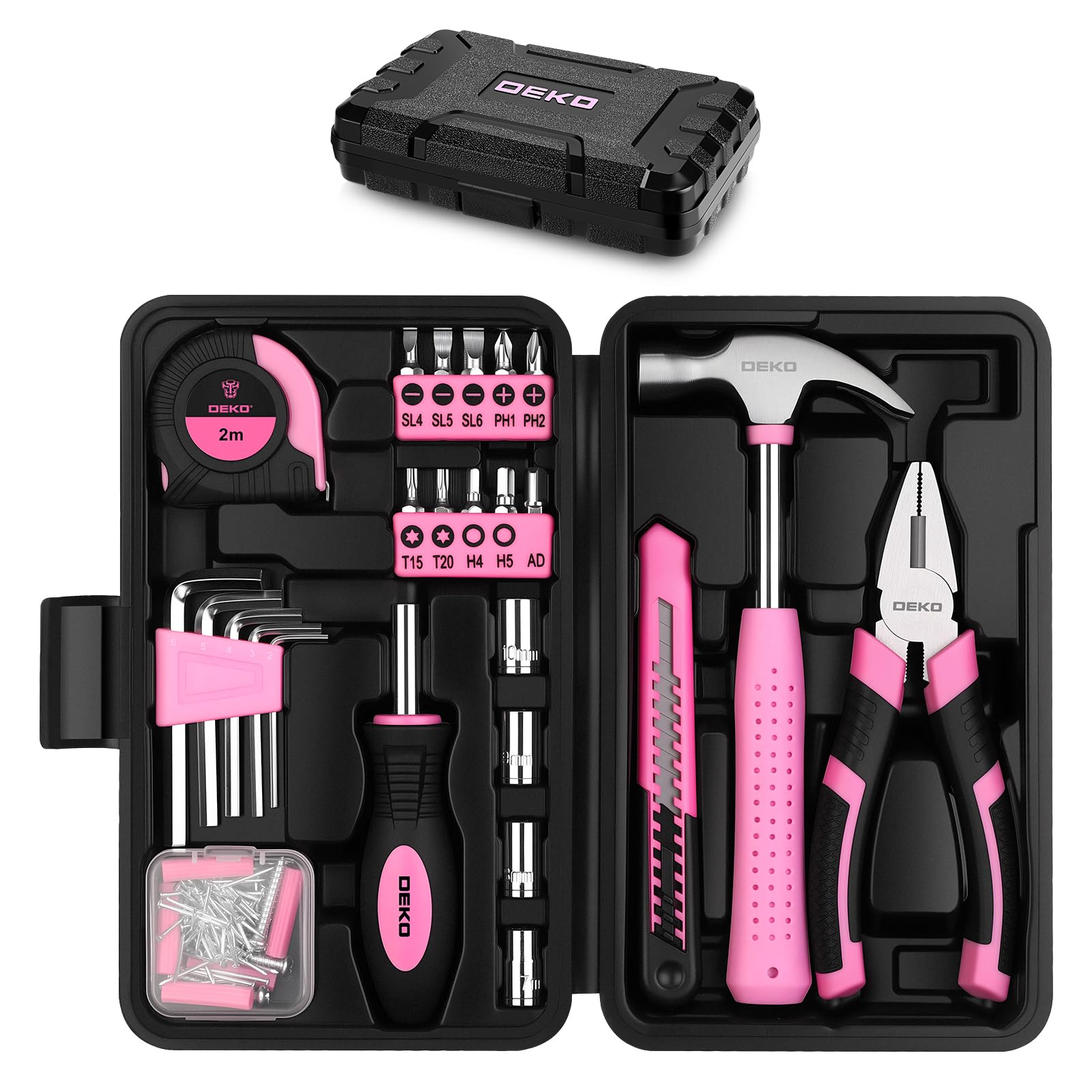 DEKO Caja de Herramientas Completa de 94 Piezas Color Rosa, Pequeño Juego de Herramientas Básicas con Caja de Almacenamiento de Plástico para Hogar Oficina y Taller