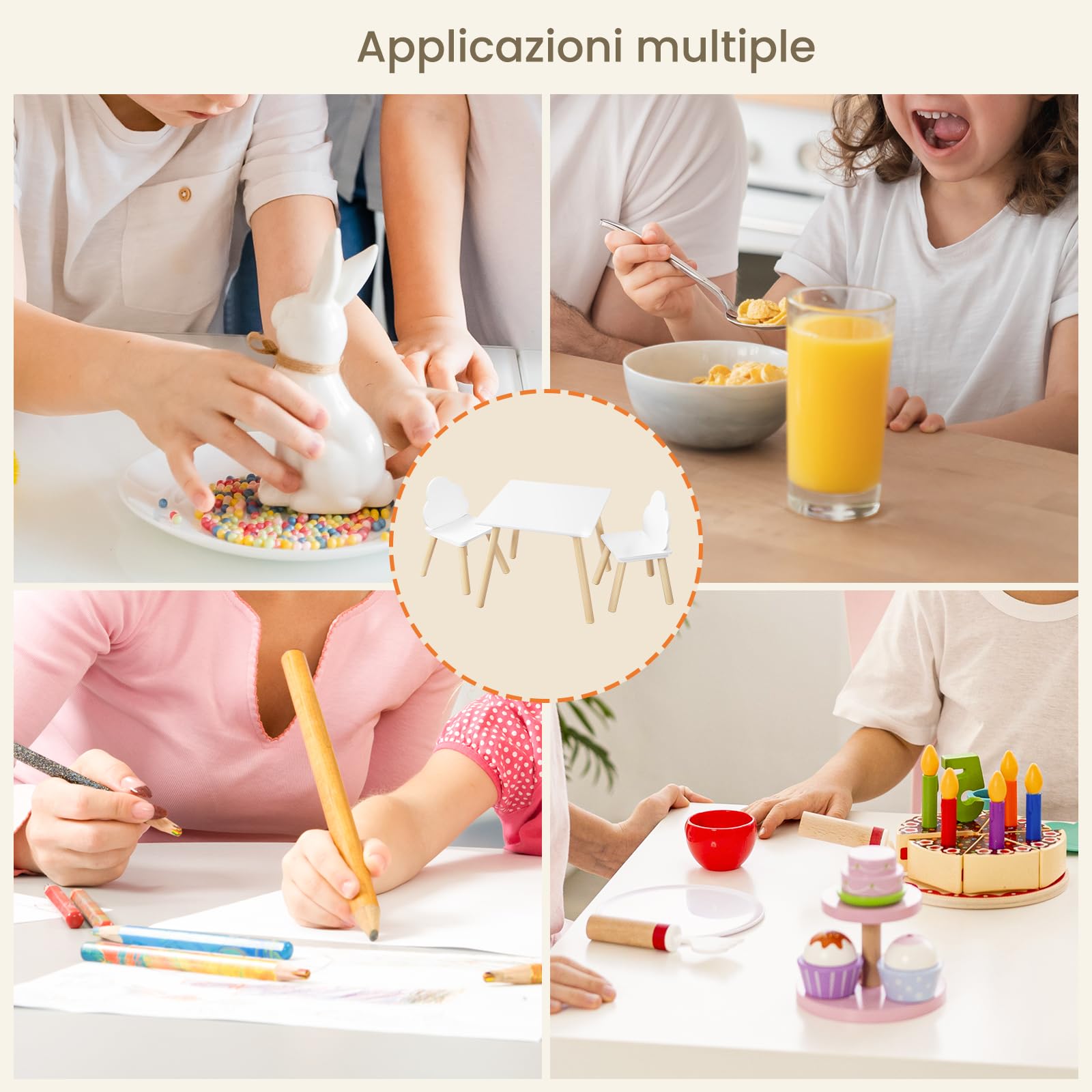 WOLTU Set di Tavolo e Sedie per Bambini a 3 Pezzi, Tavolino Bambini con Sedie Montessori, Tavolo in Legno e 2 Sedie, per Cameretta, Camera da Letto, Bianco