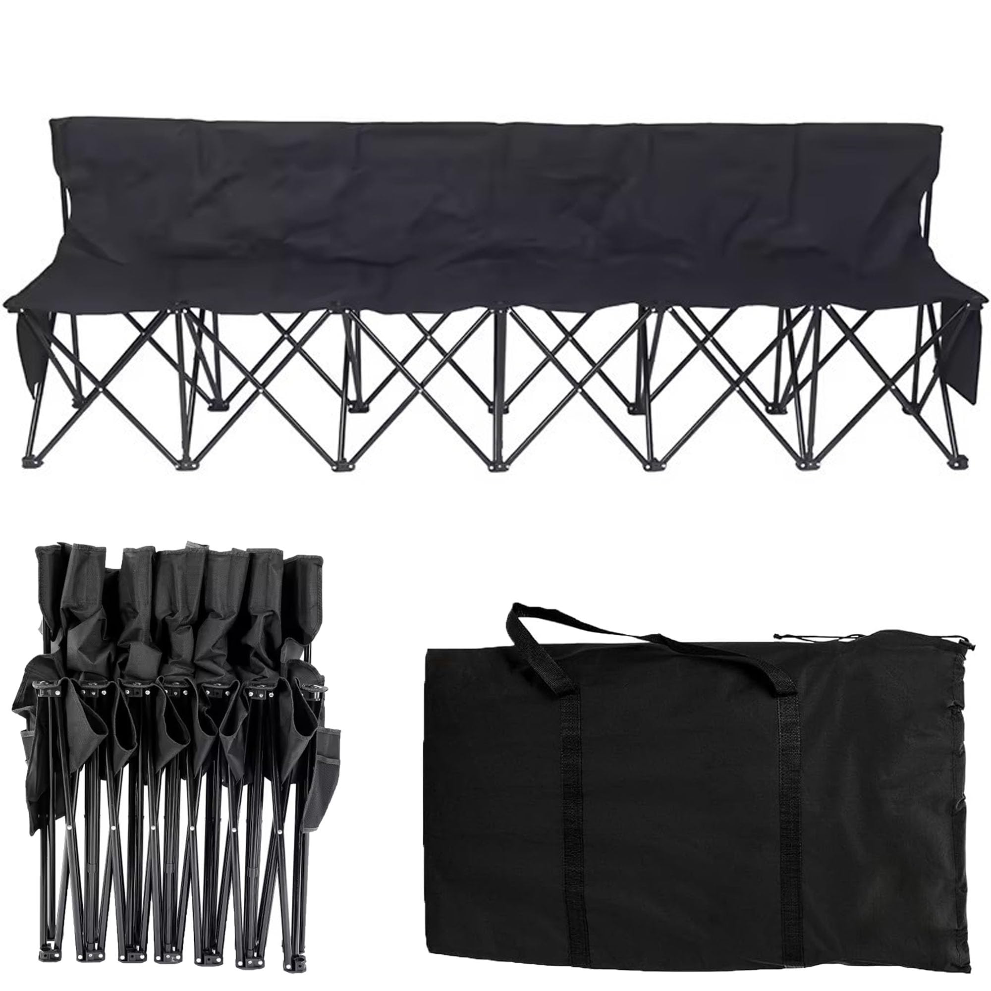 Panca sportiva pieghevole a 6 posti con schienale, portatile, per picnic, campeggio, spettatore, telaio in acciaio, panchine laterali con borsa per il trasporto