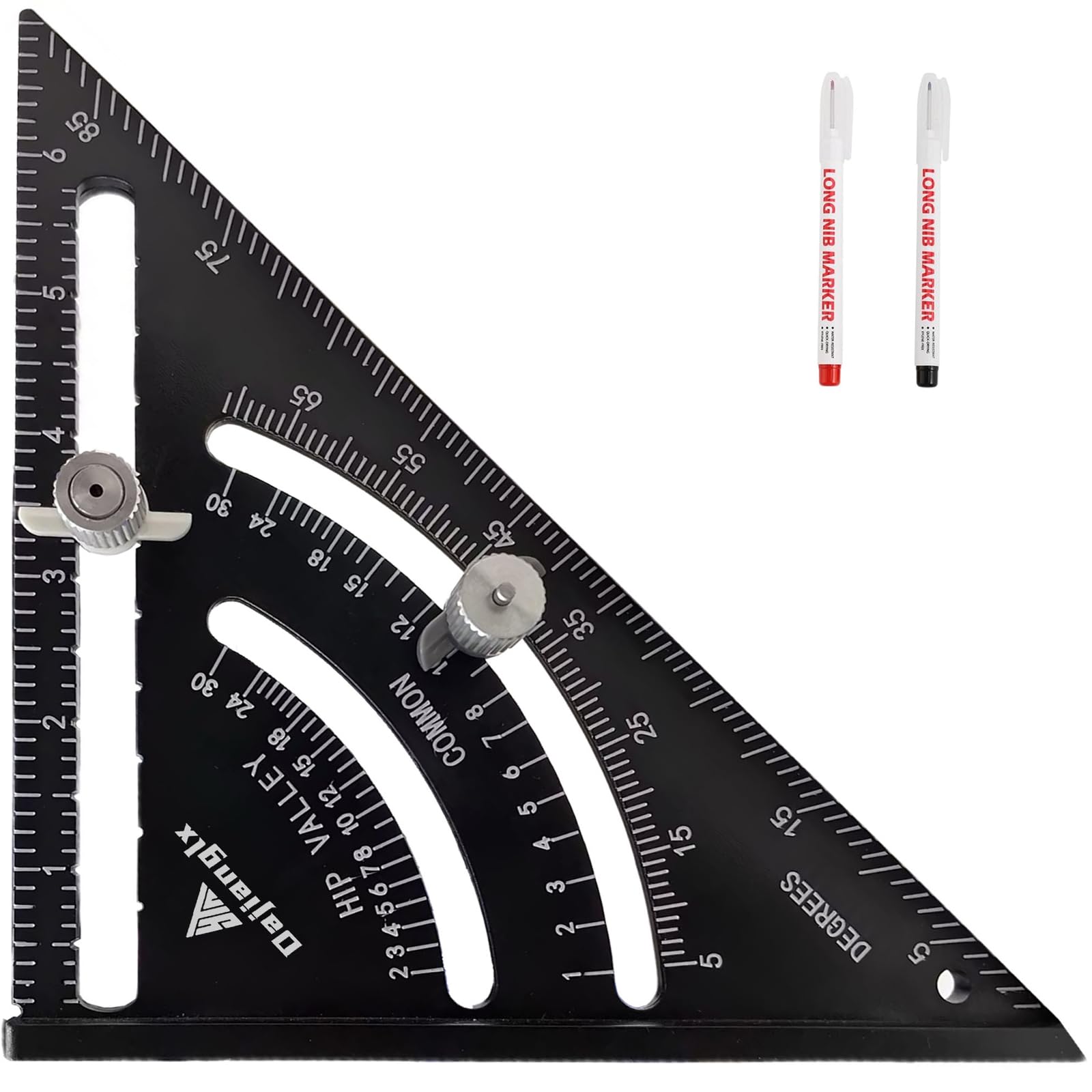 Dajianglx7 Inch Carpenter Square, Woodworking Framing Square with 2 Pencils Double Scale, Adjustable Angle Triangle Ruler, Measurement Tool for Carpentry Plastic Black