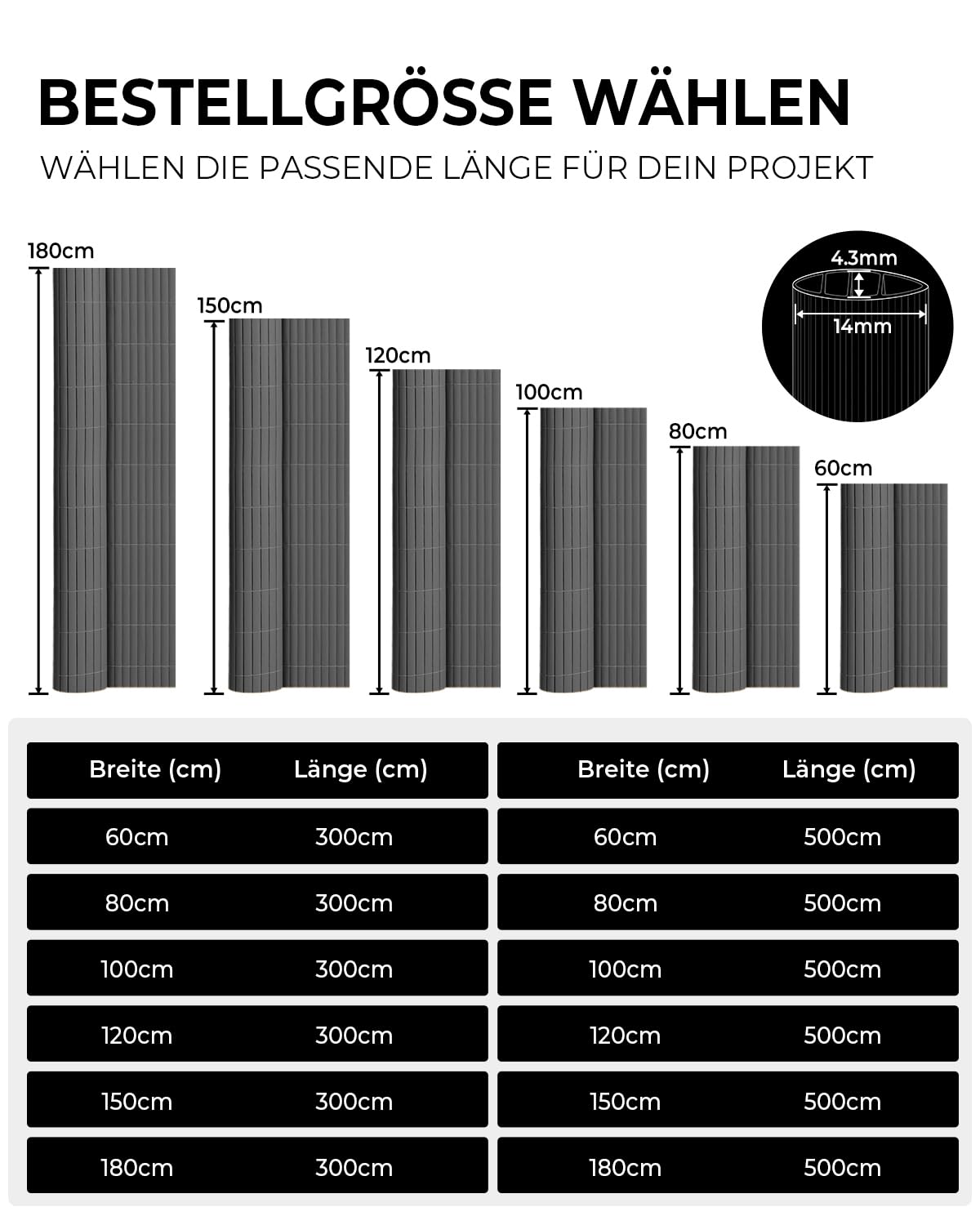 paramondo PVC Sichtschutzmatte Sichtschutzzaun 100 x 300 cm Dreifache Verstärkung für Garten Terrasse, Privatsphäre Balkon Sichtschutz Zaun Windschutz Wetterfest mit Strukturierte Oberfläche Anthrazit