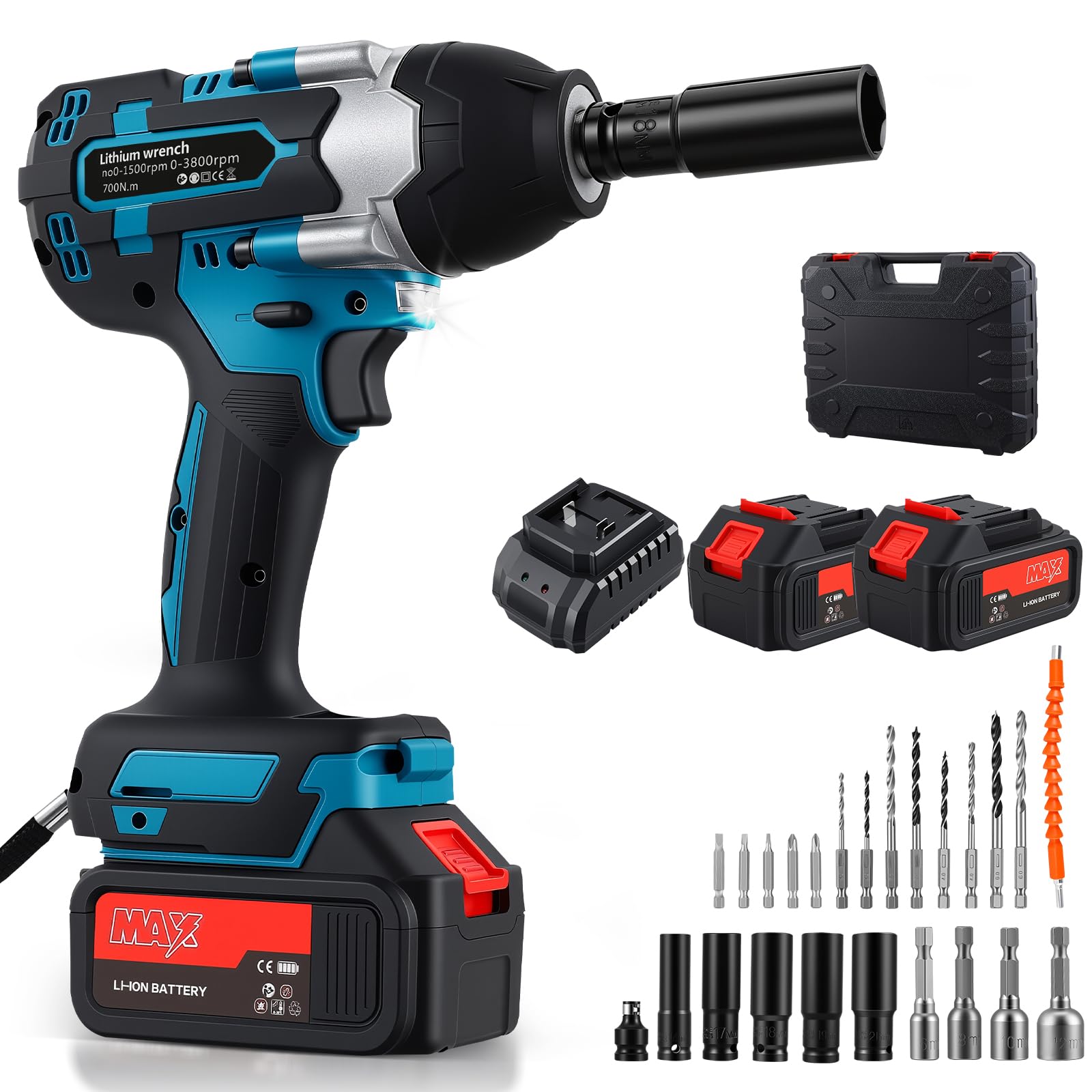 Avvitatore a impulsi 700N, con 2 batterie, 3 Velocità variabili, Arresto freno, LED Avvitatore a percussione, Avvitatore impulsi batteria, per riparazioni auto, Fai da te