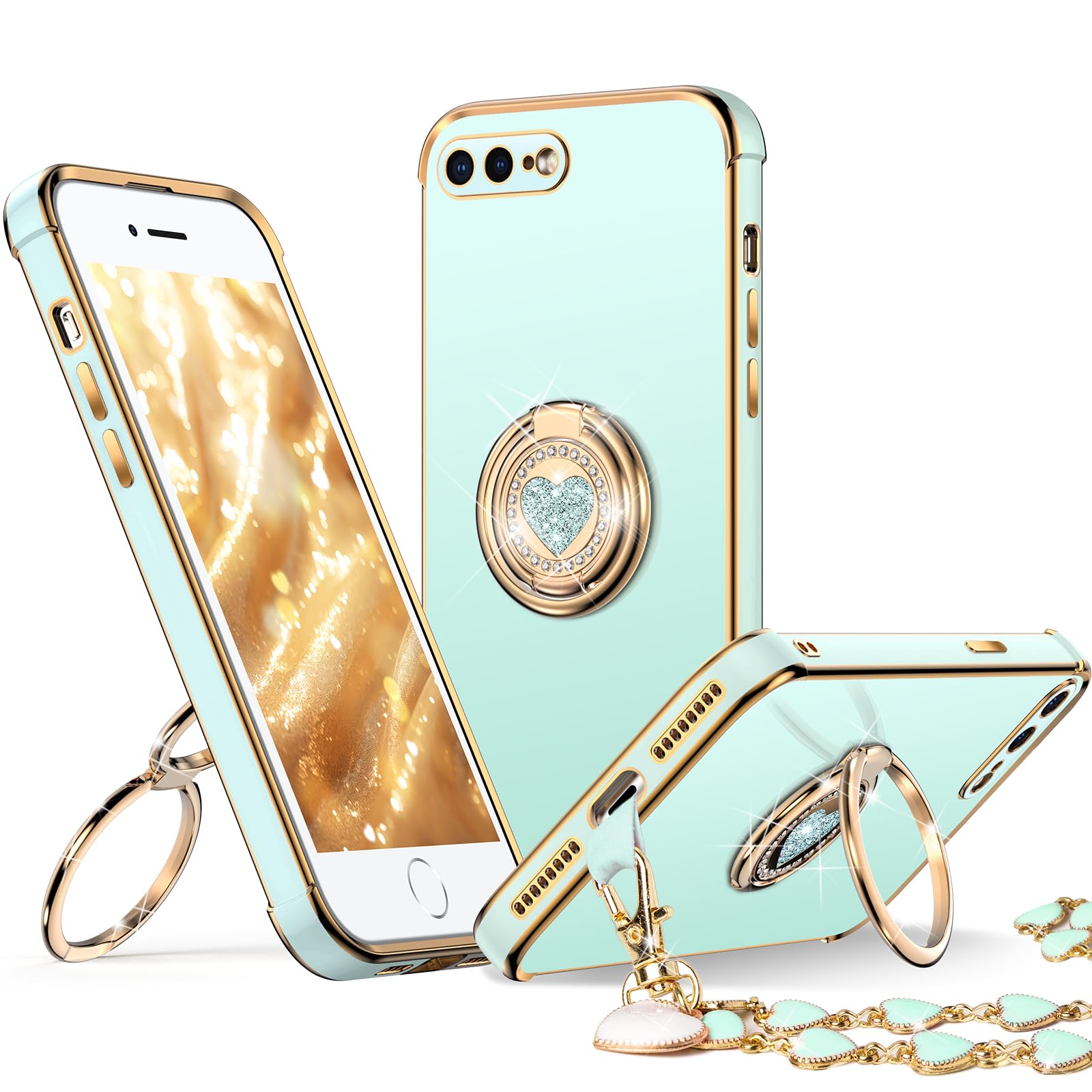 XYZ for iPhone 8 Plus Case with Stand, iPhone 7 Plus Phone Case with Double Ring Kickstand, Women Girl Cute Love-Heart Luxury Bling Protective Case