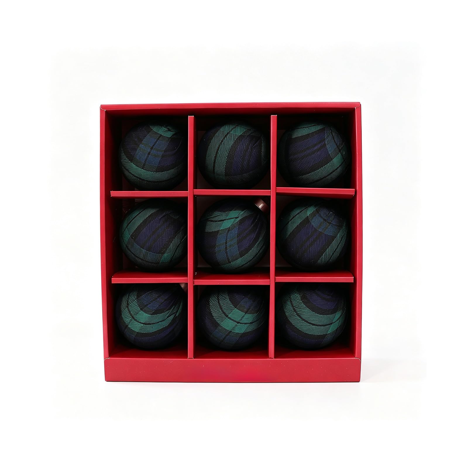 9Pcs Plaid Christmas Ball Ornaments, Fabric Wrapped Plastic Baubles Set