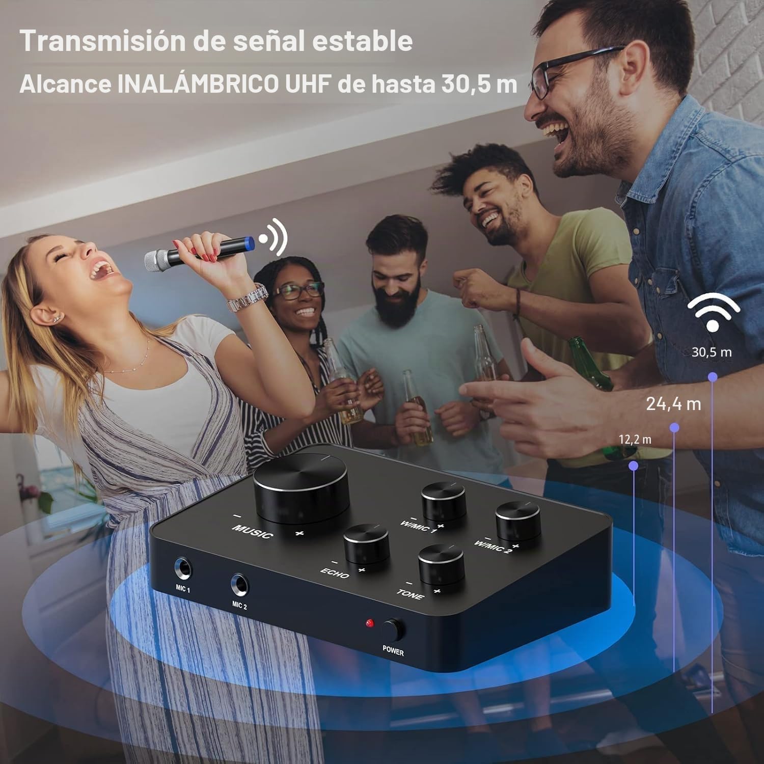 Microfono Inalambrico UHF Dual Karaoke – 2 Micrófonos Inalámbricos con Alcance 100 ft, Sistema Karaoke, Voz, PA, Fiesta, Iglesia