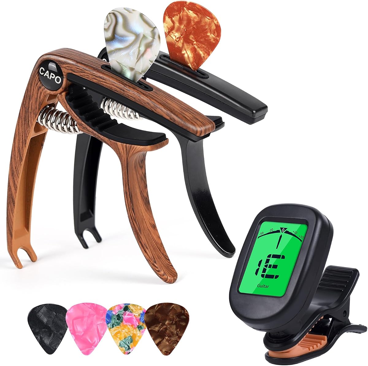 Moom Guitar Capo 2-Pack with Tuner, Quick Release & Buzzing-Free for Acoustic, Electric, Bass Guitars, Ukulele, Includes 4 Picks (Rosewood and Black)