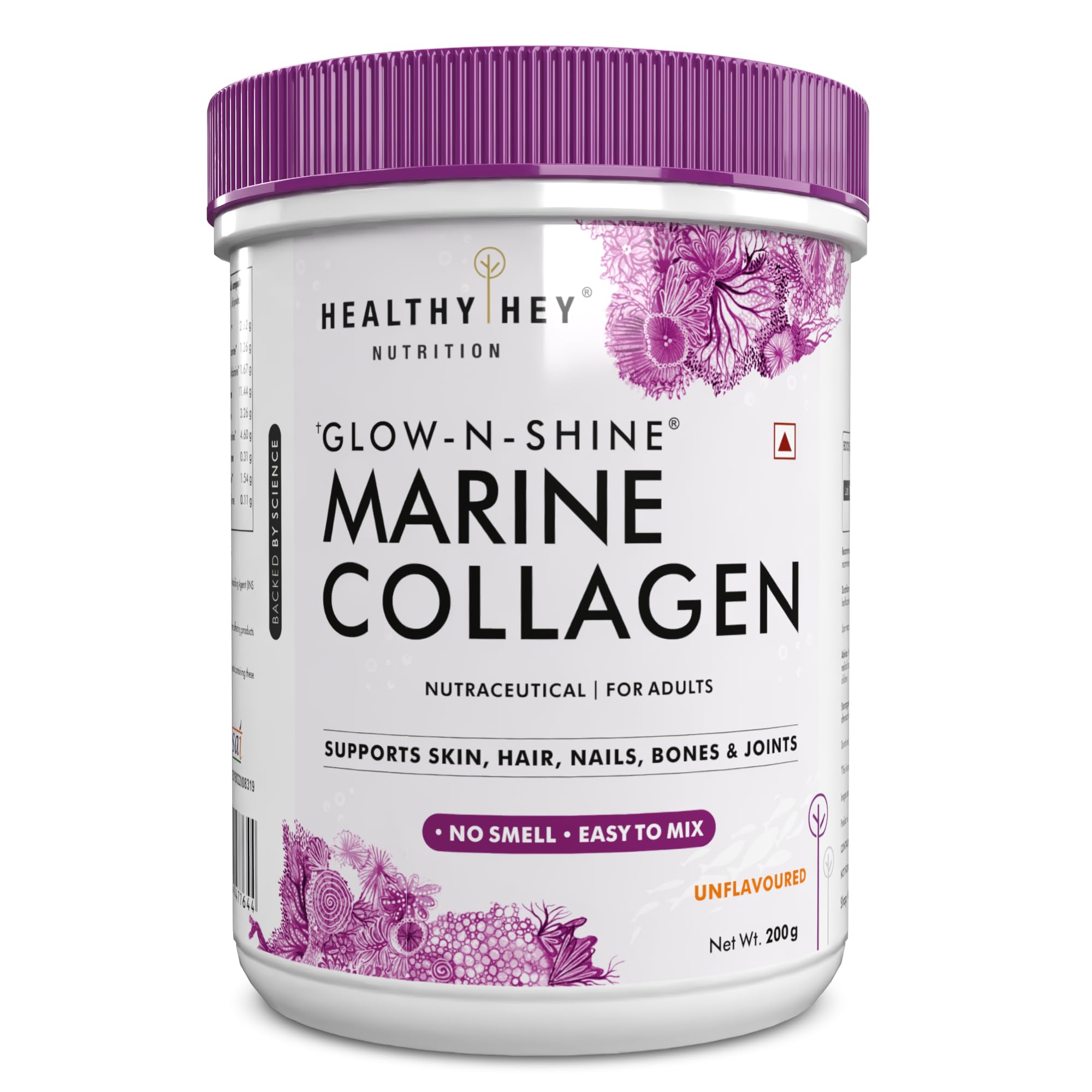 HealthyHey Glow-N-Shine Marine Hydrolyzed Fish Collagen Peptides | Type 1 & 3 Collagen Supplement with Hyaluronic Acid | For Skin, Hair, Nails (Unflavoured, 200,g)