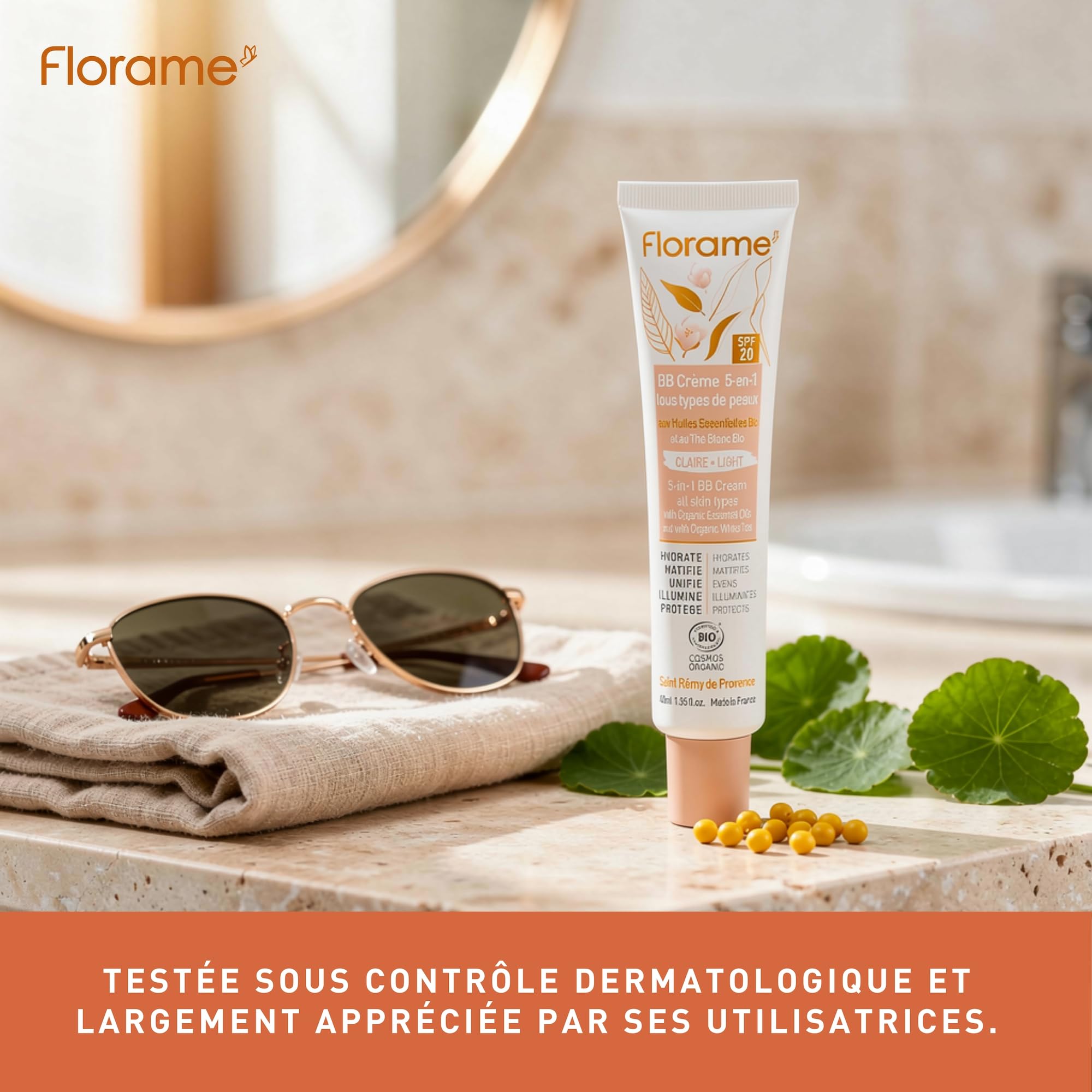 Florame BB Crème 5-en-1 SPF 20 – Teint Parfait Naturel – Hydrate, Unifie & Protège – 40 ml – Fabriquée en France - BB crème Claire