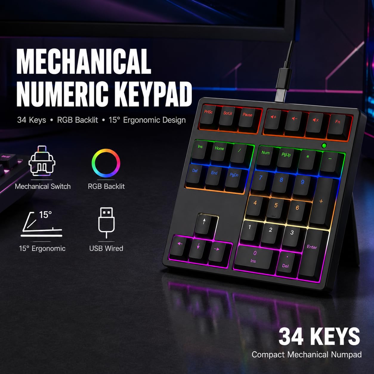 Diyeeni Pavé numérique mécanique USB remplaçable à chaud avec pavé numérique rétroéclairé RVB à 34 touches, pavé numérique filaire USB pour ordinateur portable de bureau (noir)