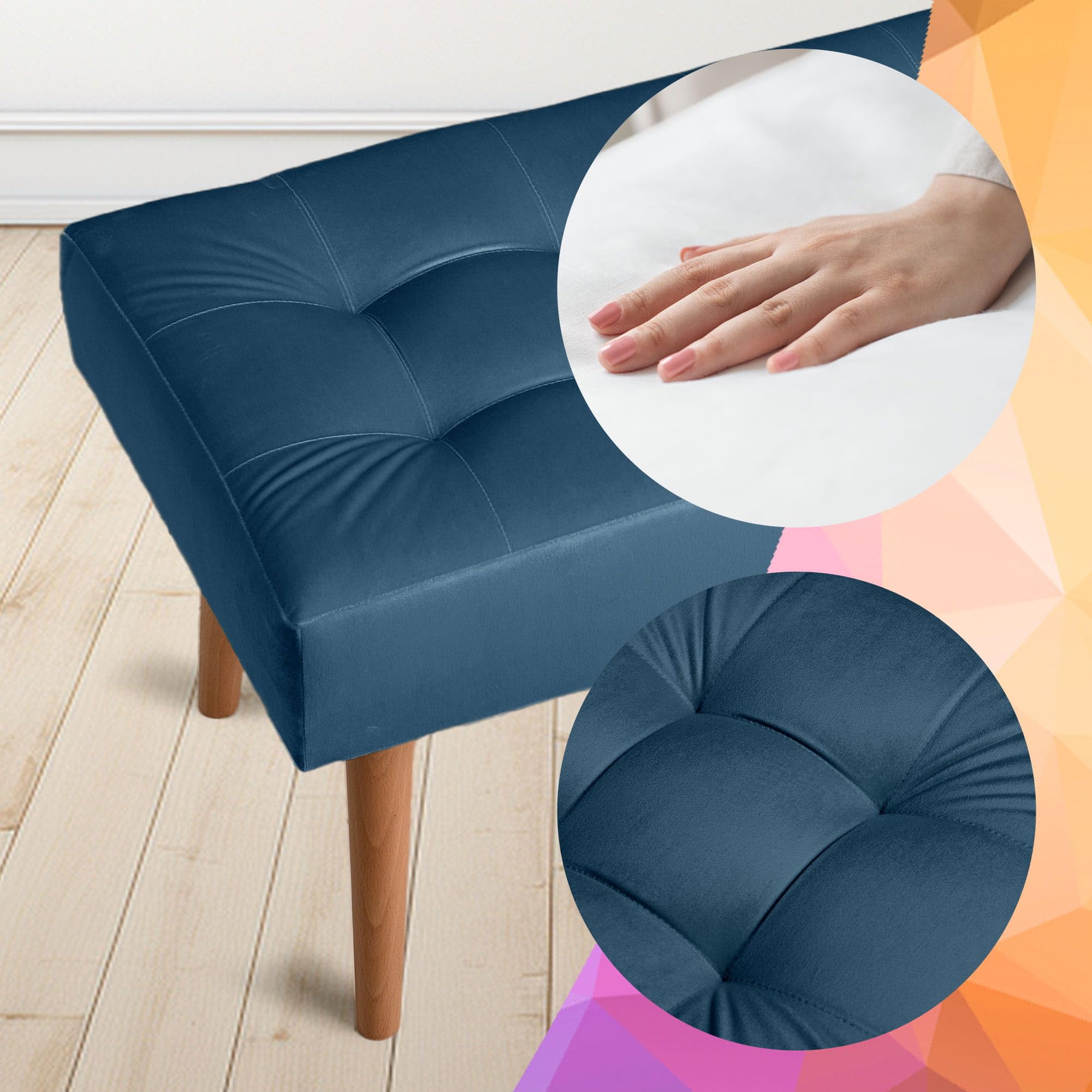 MG Design Panchina imbottita 45 × 90 cm Blu navy – struttura in legno massiccio, seduta morbida e stabile, superficie vellutata facile da pulire – per soggiorno, camera e ingresso