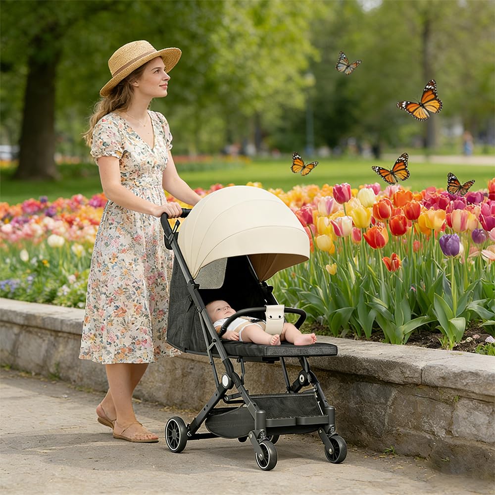 OHMG Cochecito 3 en 1,0 más meses-22 kg, cochecito de bebé ligero y compacto, cómodo, plegable con una sola mano, capucha extensible con protección contra la lluvia UV50+, reposamanos (Kaki-63 x 30 x