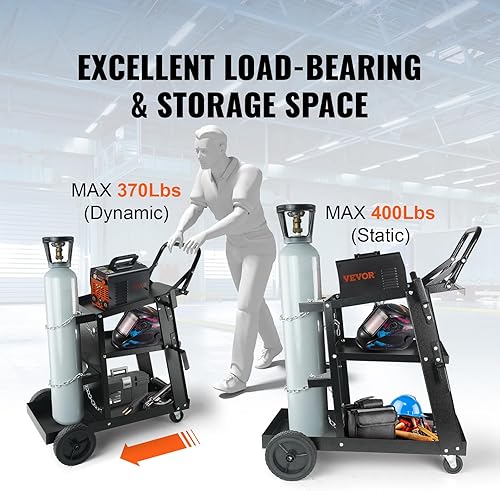 Vista 13 de VEVOR Carro de soldadura, carrito de soldador de 2 cajones resistente con gabinete antirrobo, capacidad de peso estático de 350 libras, ruedas