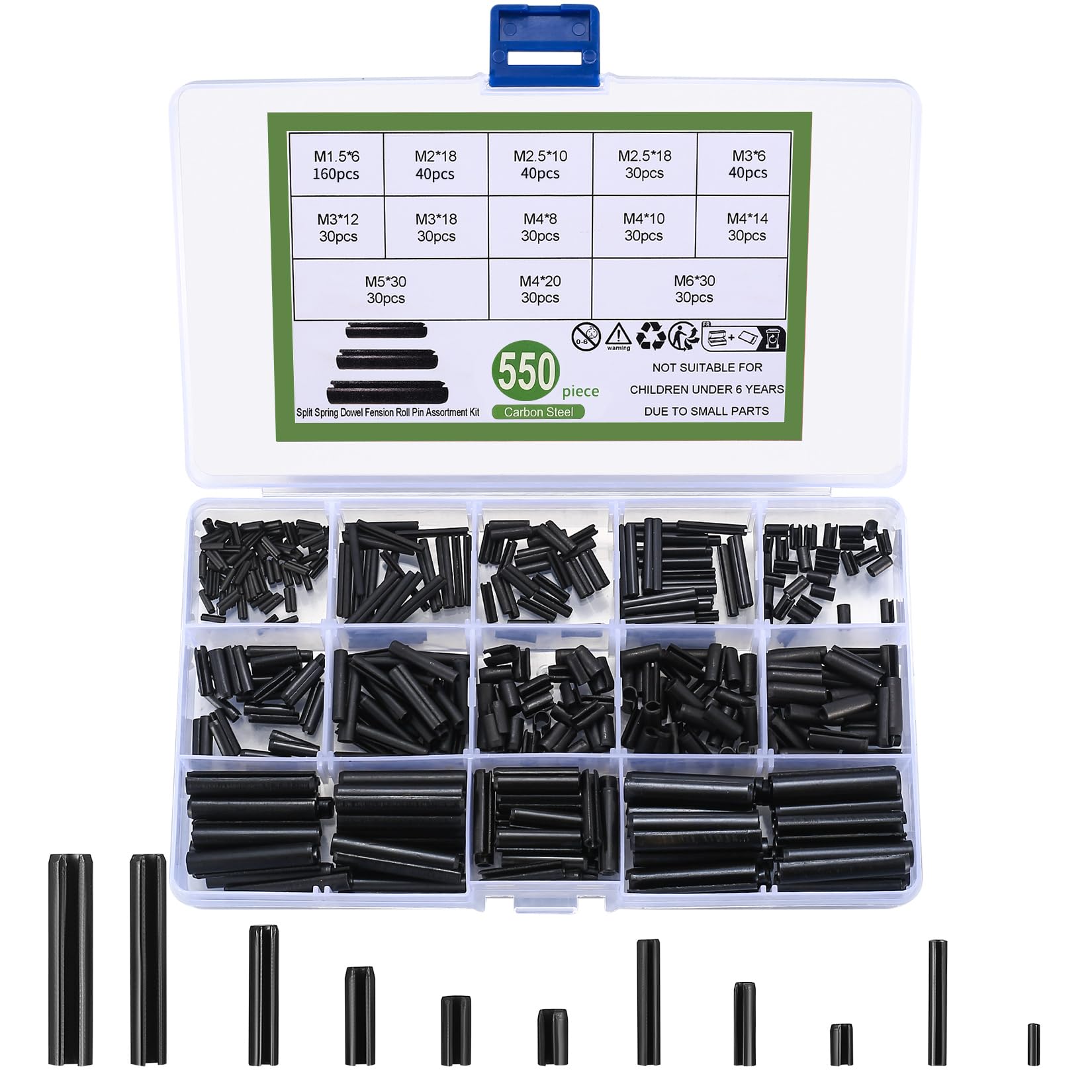 550 Pcs Roll Pins Assorted, Slotted Spring Roll Pins Assortment Set