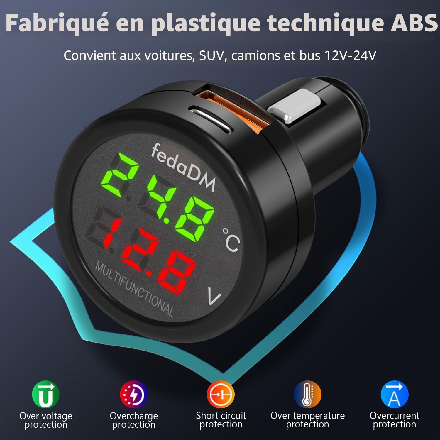 3 en 1 Voltmètre 12V Voiture, Voltmètre Allume Cigarette avec Affichage Température/Tension Numérique