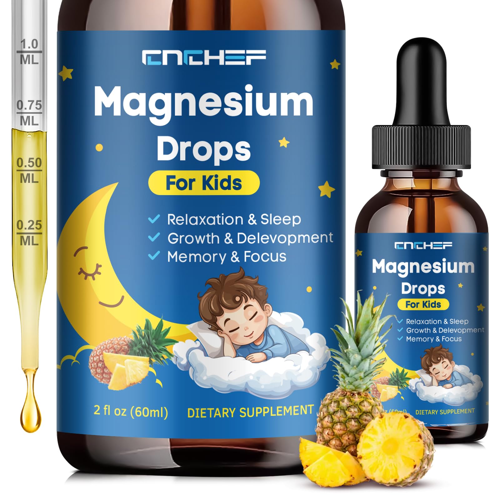 Magnesium Drops - Magnesium Glycinate Liquid Drops for Kids - Calm, Sleep, Relaxation, Bones, Brain Support with Vitamin B6, C, D3, Omega-3, L-Theanine, Zinc, Multivitamins - Pineapple Flavor 2 Fl Oz Pineapple 2 Fl Oz (Pack of 1)