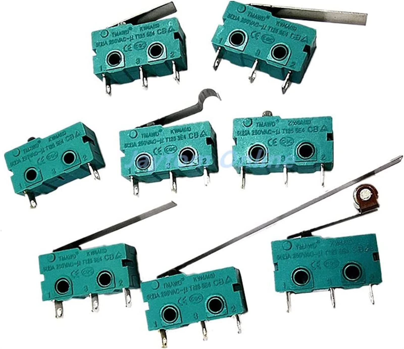 Piezas de recambio Microinterruptores, 5 uds., microinterruptor, brazo de palanca de rodillo, SPDT, acción a presión, 5A, 250V, KW4A, NC-NO-C con polea, interruptor de límite de carrera de 3 pines y 2