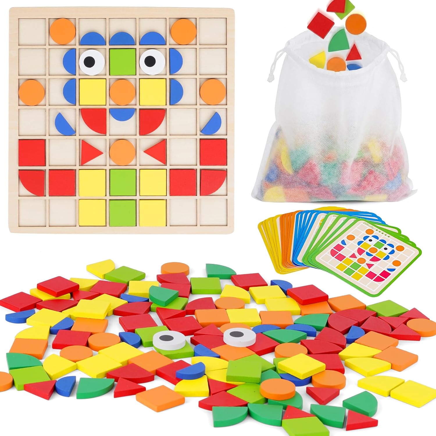 Wooden Pattern Blocks 142PCS Montessori Mosaic Puzzle Geometric Shapes Tangrams for Kids with Storage Bag, Following Cards, and Grid Board, Gifts for Boys Girls Ages 3+