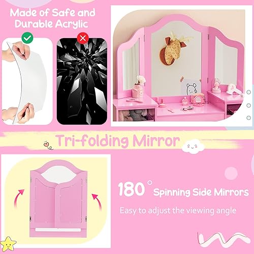 Miniatura 11 de Costzon Vanity - Tocador de maquillaje de princesa 2 en 1 con parte superior desmontable, tocador para niños pequeños con espejo triple y estantes