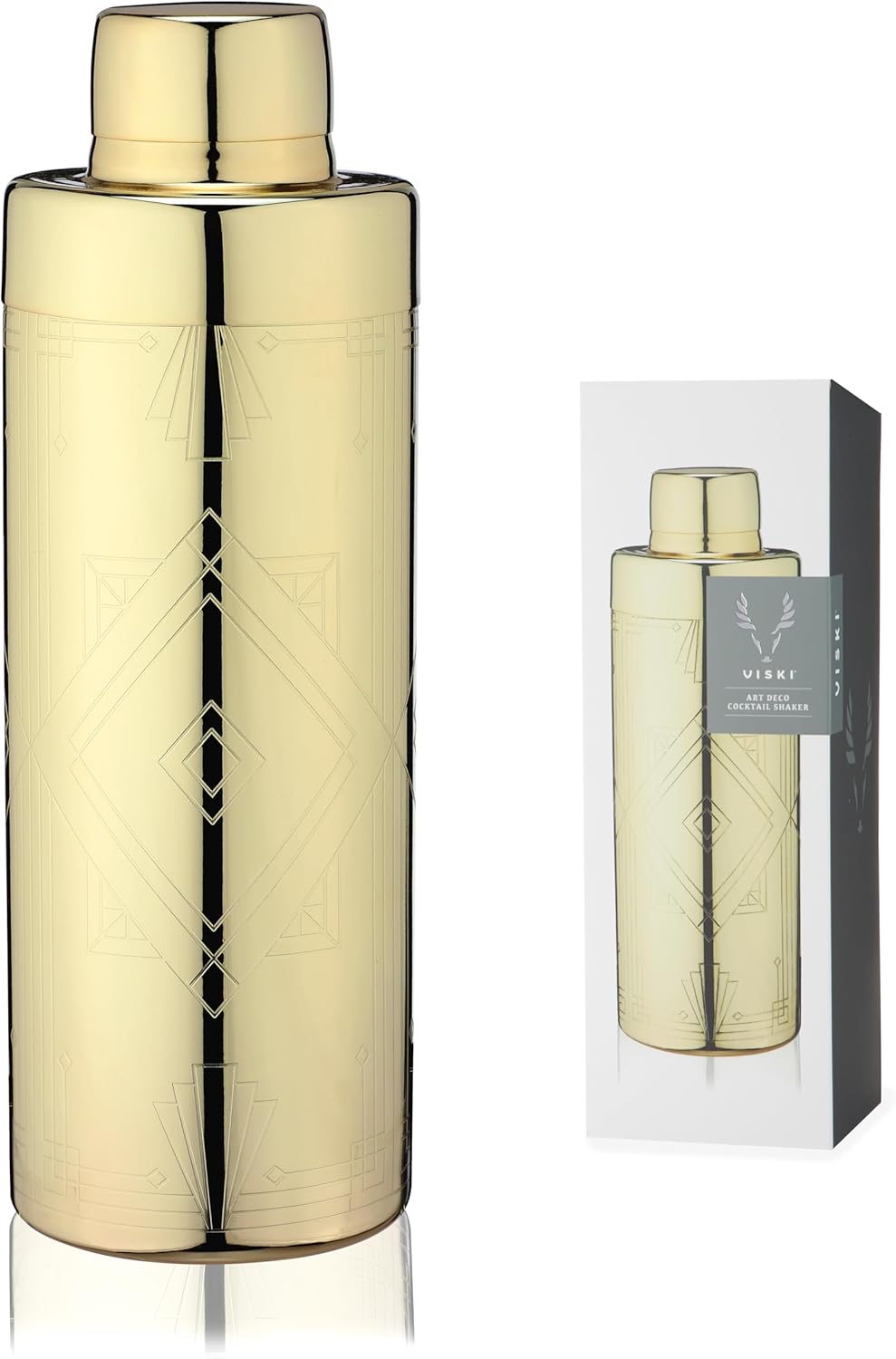 Gold Art Deco Stainless Steel Cocktail Shaker with Strainer