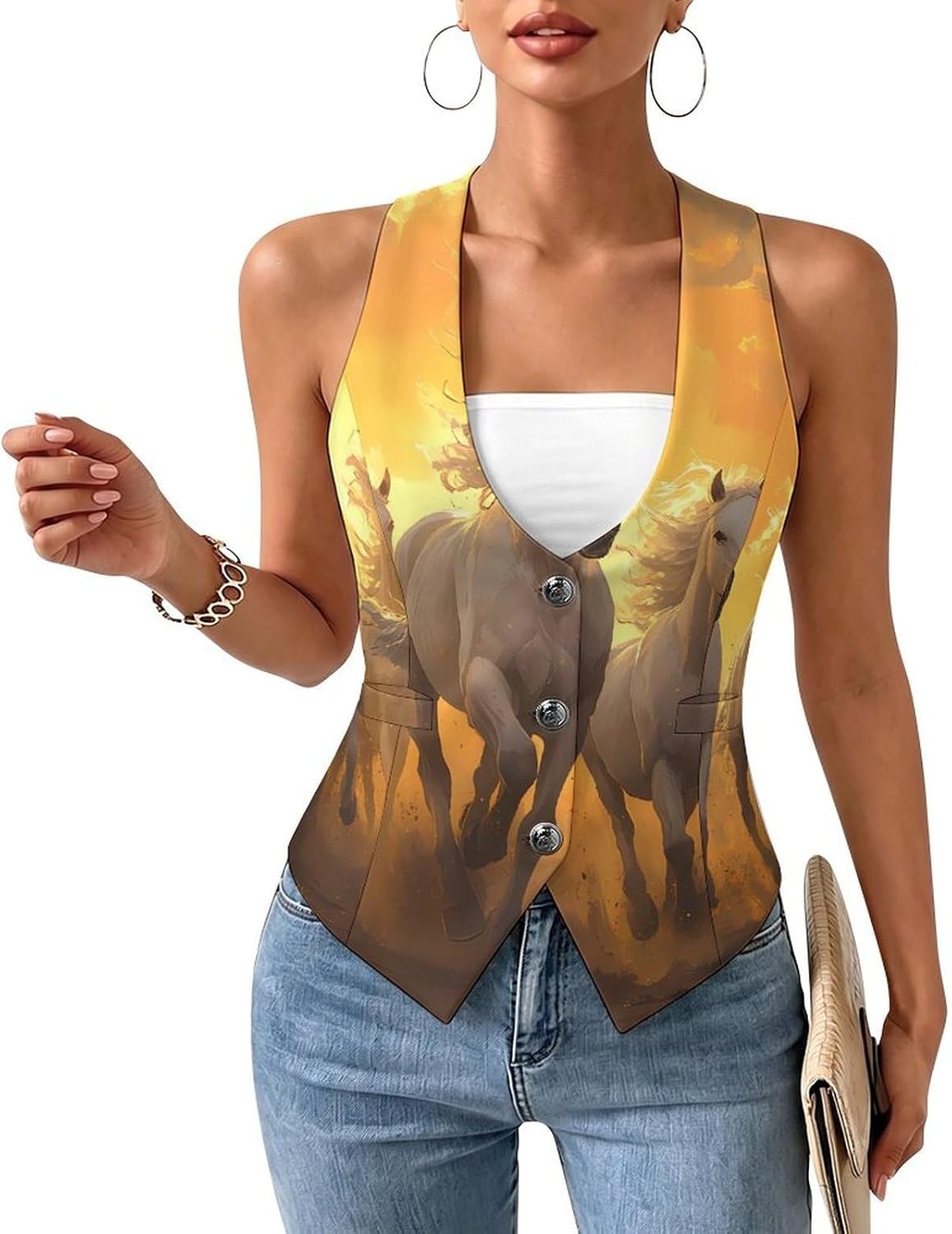 Horses Running in The Sunset Women's Tuxedo Waistcoat Suit Vest | 3 Button V-Neck Slim Fit Casual Sleeveless Top