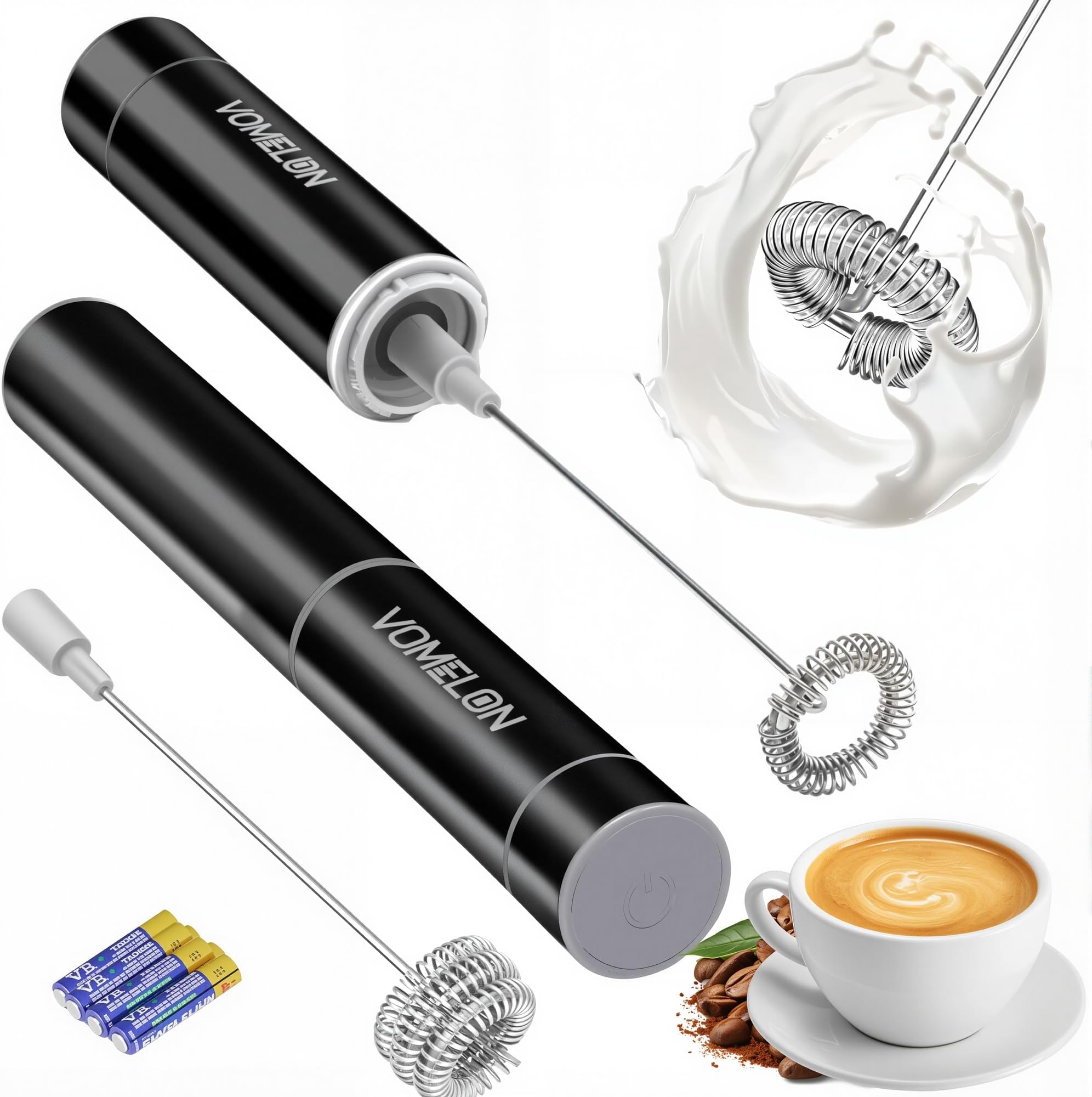 Milk Frother Handheld, Battery Operated Coffee Foamer Drink Mixer with 2 Stainless Steel Electric Whisks for Coffee, Latte, Cappuccino, Hot Chocolate, Protein，Egg Batteries Included,Black