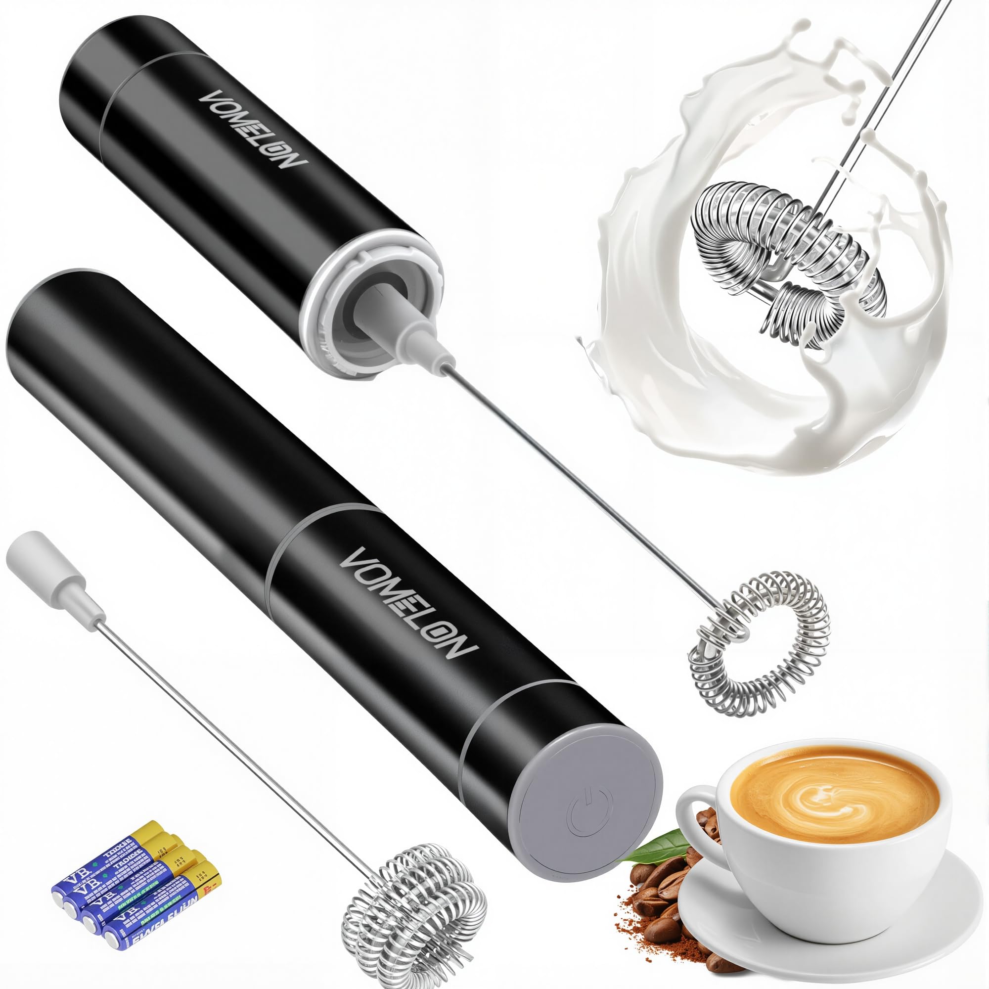 Milk Frother Handheld, Battery Operated Coffee Foamer Drink Mixer with 2 Stainless Steel Electric Whisks for Coffee, Latte, Cappuccino, Hot Chocolate, Protein，Egg Batteries Included,Black