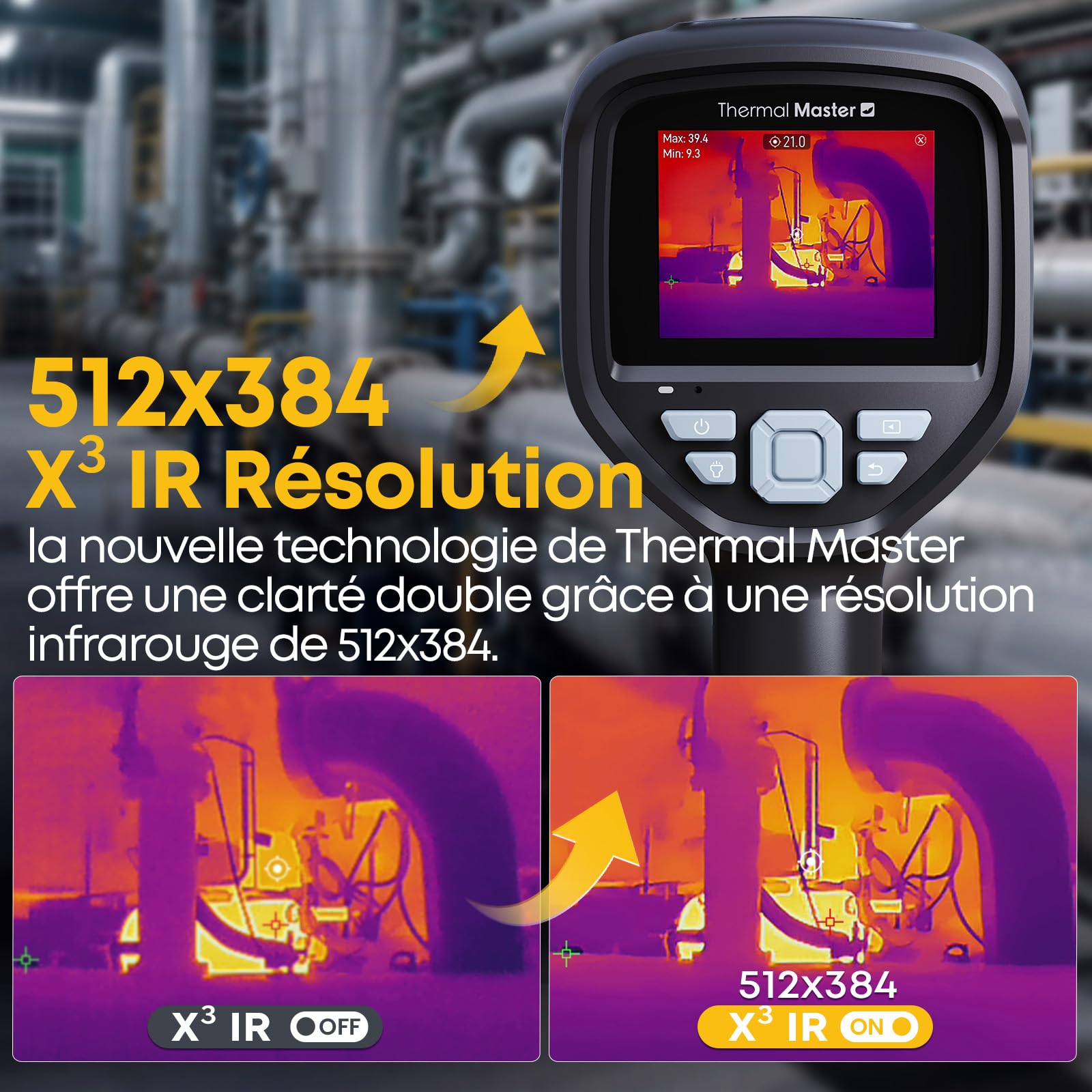 Caméra thermique Super IR Résolution 512x384 caméra infrarouge pour l'inspection industrielle 3,5 pouces écran 2M pixels caméra visuelle, -20°C - 550°C Handheld Thermal Imaging Camera 40mK (Thor 002)
