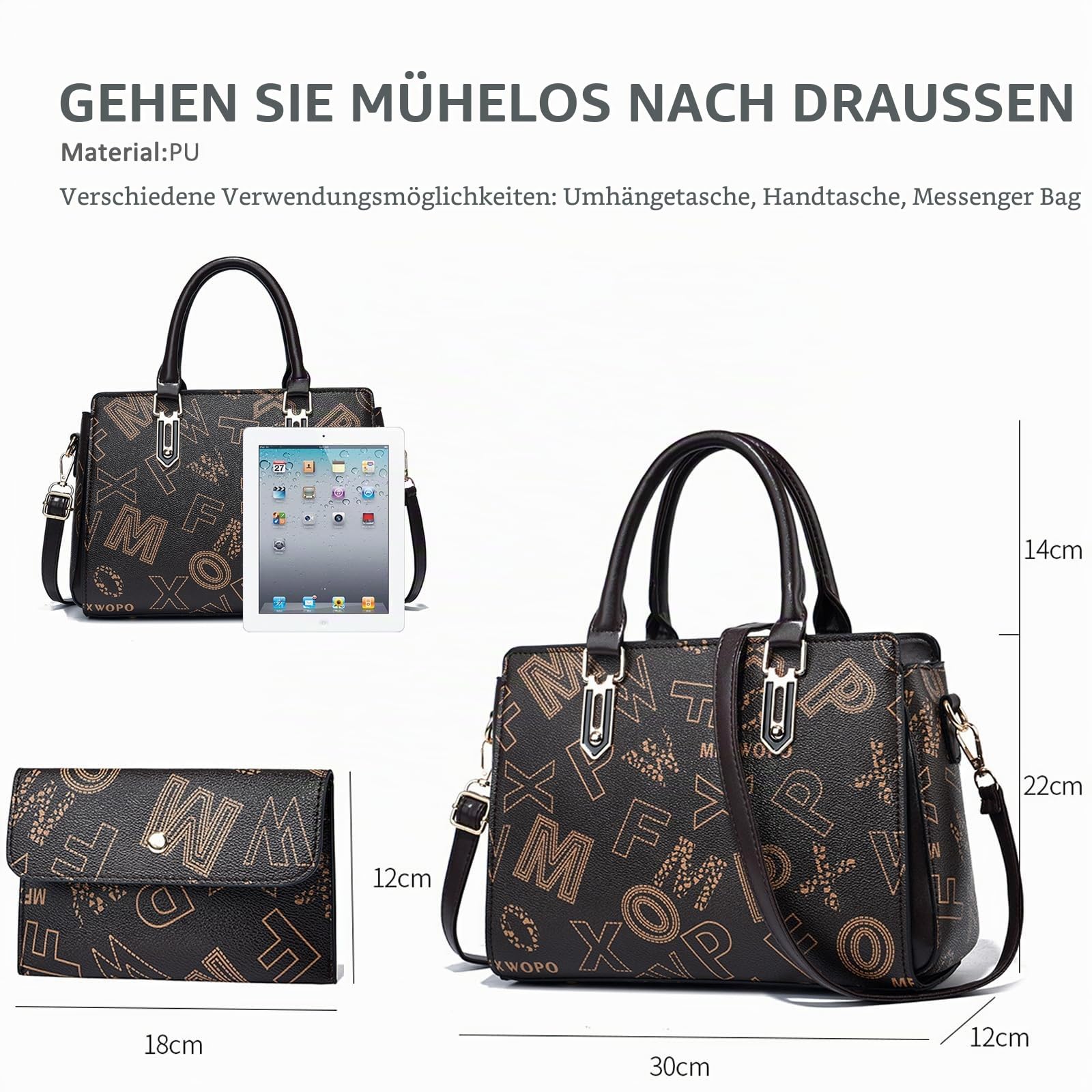 NICOLE & DORIS Handtasche Damen Elegante Tote Bag Mittelgroß Handtaschen Set Geldbörse Schultertasche PU Leder Umhängetasche Bedruckt Henkeltasche für Büro Schule Einkauf Kaffee mit Braun